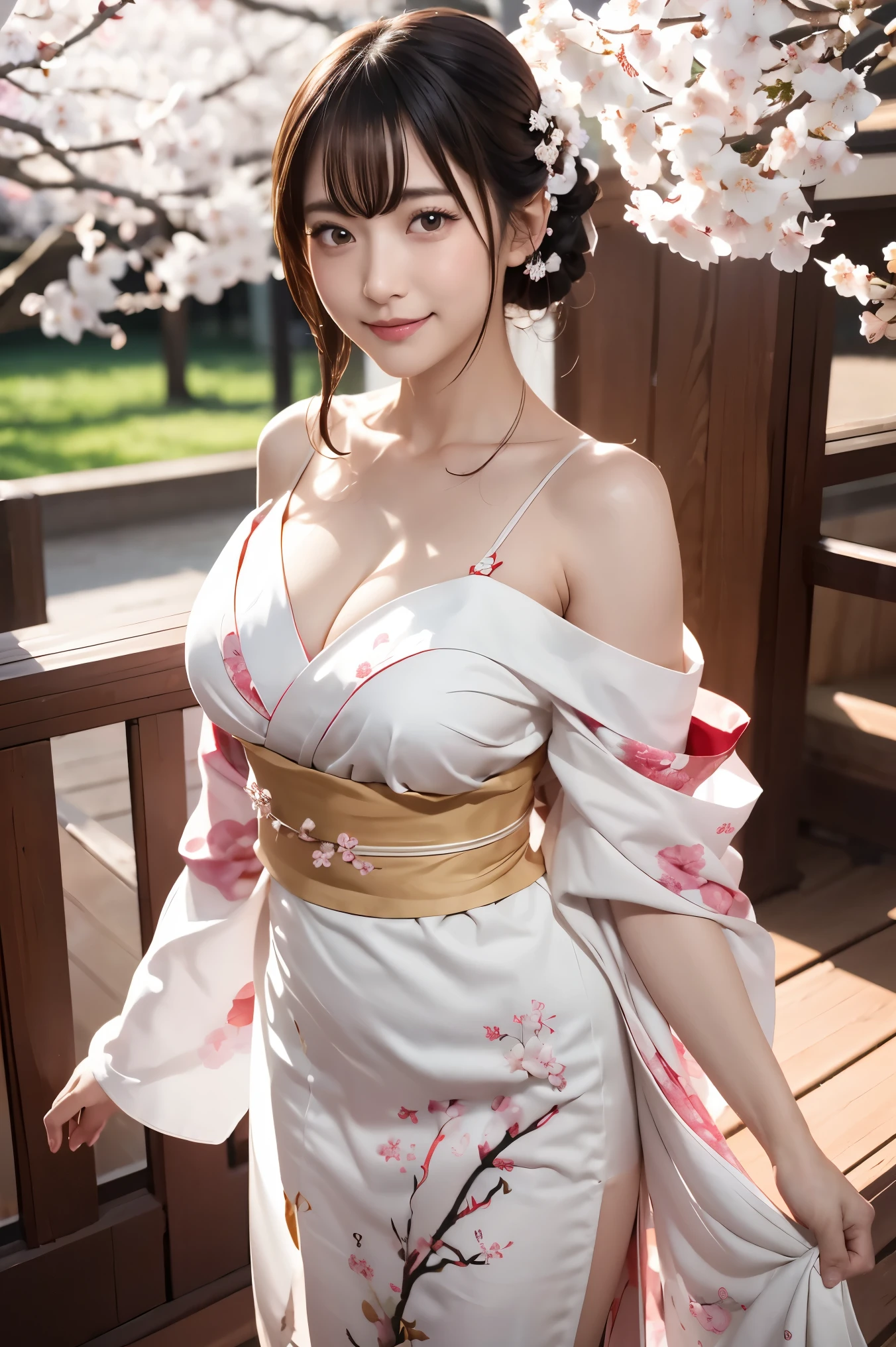 (logo、masterpiece、8K、table top、Raw photo、wonderful、最high quality、Photorealistic and hvery detailed CG integrated 8K wallpaper、high quality、very detailed、Narrative poem、particle effects、dynamic effects、written boundary depth、cinematic light、Lens flare、ray tracing)、fantasy、 (1 beautiful woman、white kimono、Japan Dress、off shoulder、white cherry blossom pattern、White cherry blossom embroidery pattern、black haired、beautiful face、real face、smile、beautiful details eyes beautiful skin)、Hair flutters in Wind、hair bounces、pink cherry tree、petals dance、SakuraFubuki、wonderful景色、sunrise、sun on background、Wind、god々、teeth、god話、vast land