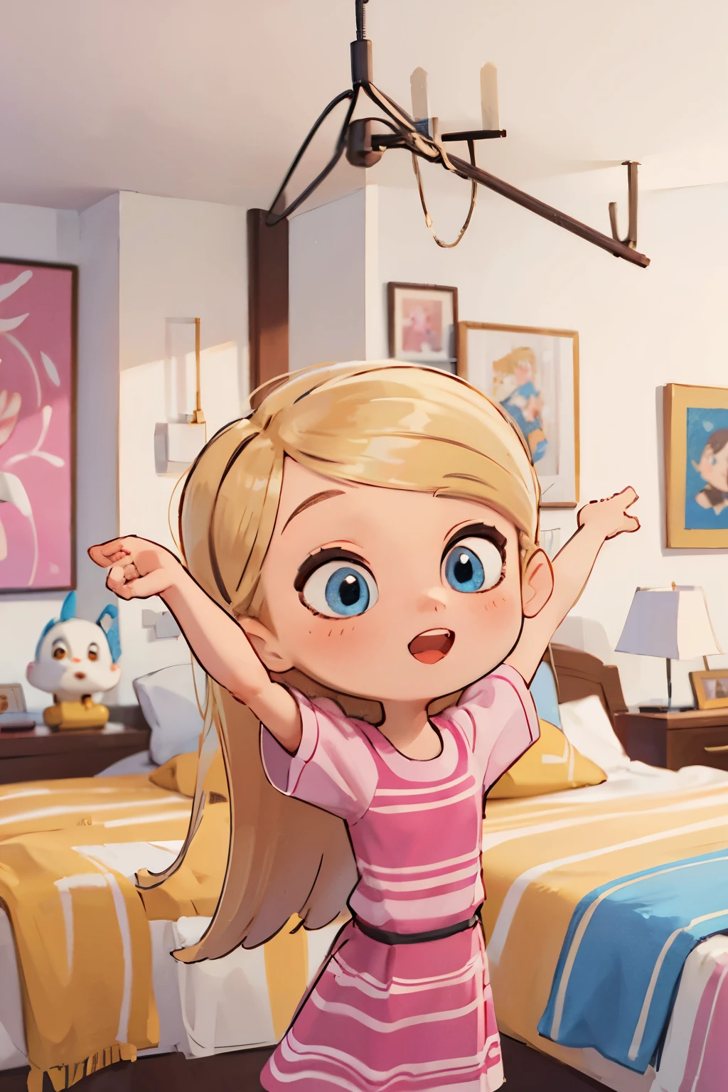 (masterpiece), best quality, expressive eyes, high definition perfect face, highres, 1 girl, solo, penny peterson, blonde hair, blue eyes, long hair, pink dress, is yawning with her arms up at bed in a pink bedroom, bright, happy, warm, cute art style. 4k resolution.