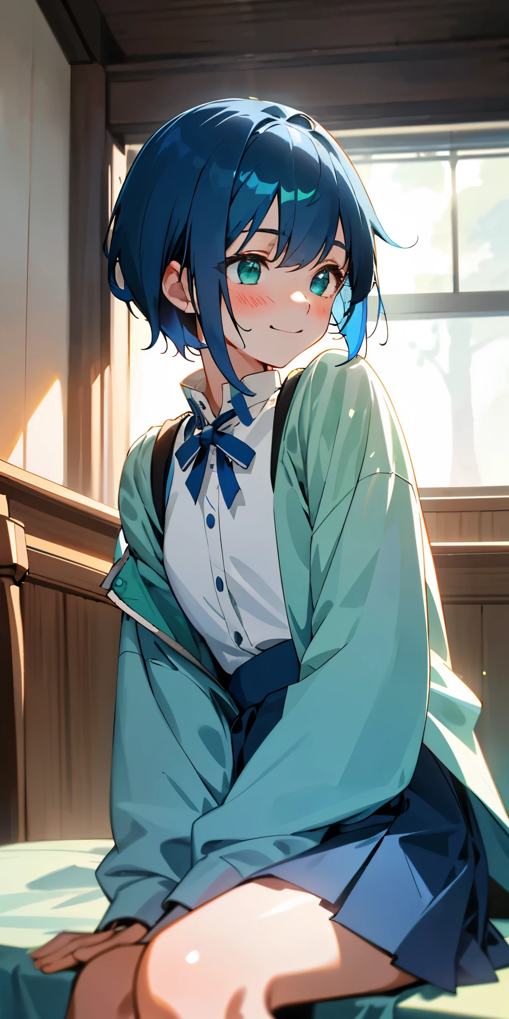 1 girl、one person、short navy blue hair like a boy、beautiful green eyes、embarrassed expression、smile、From the side、Outerwear based on white、sitting、cowboy shot、blue mini skirt、indoor、Lens flare, shiny, Glossy skin、upper body close-up