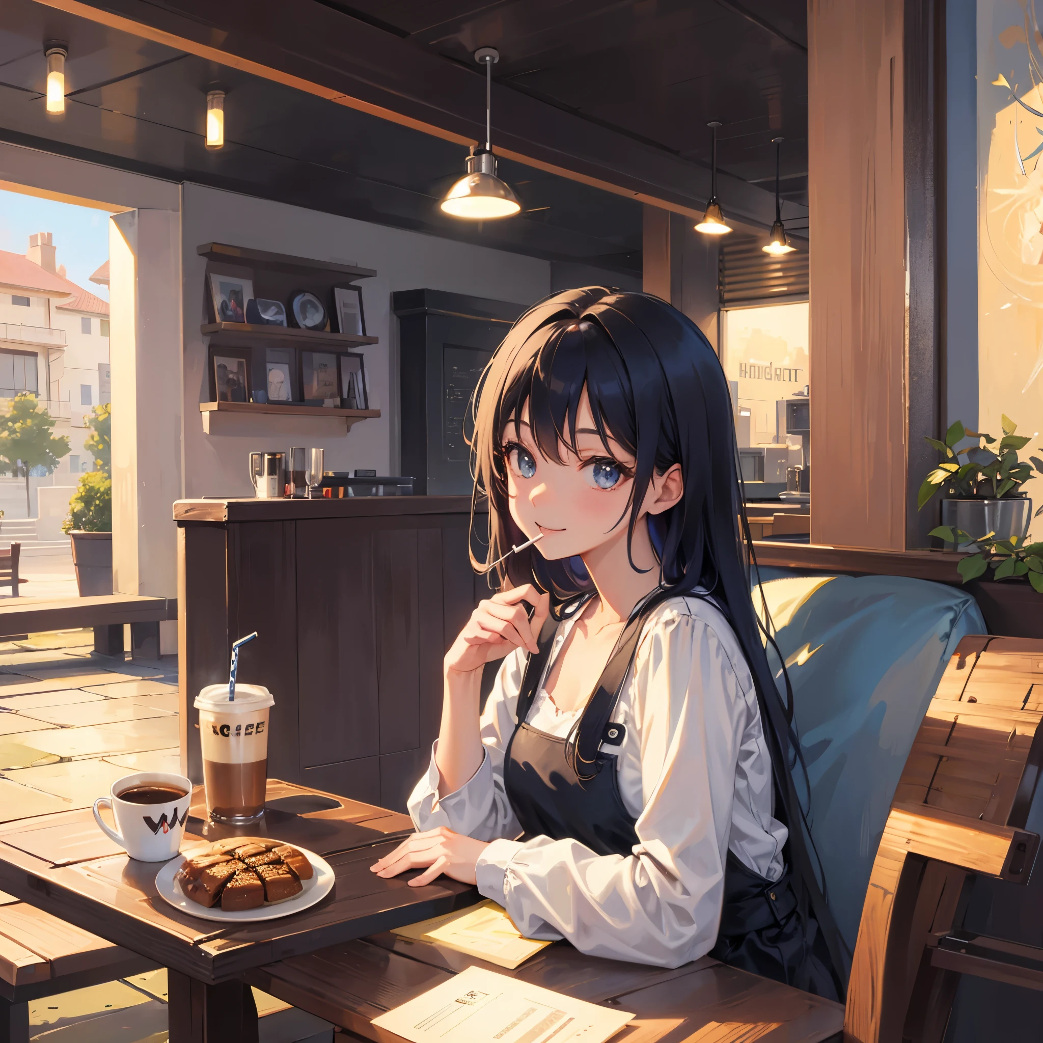 smile、Cafe、coffee time, coffee cup、coffee、vintage,, cigarette, Award history, 最high quality, movie lighting, Award history, 最high quality, ultra hd, ultra hd, multi view, Award history, 最high quality, high quality , pixar, anime style, pixar, anime style, bauhaus, advanced details, advanced details, high quality