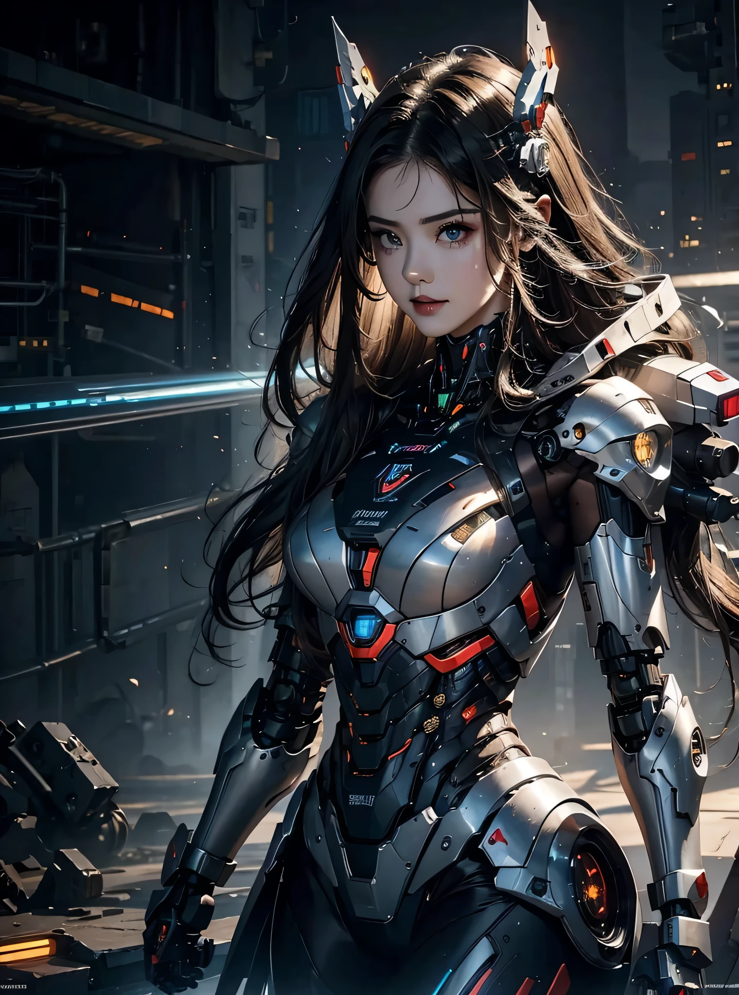 rough skin, Super detailed, advanced details, high quality, 最high quality, High resolution, 1080P, hard disk, beautiful,(War Machine),beautiful cyborg woman,Mecha cyborg girl,battle mode,Mecha body girl,She's wearing a futuristic War Machine mecha,full body shot
