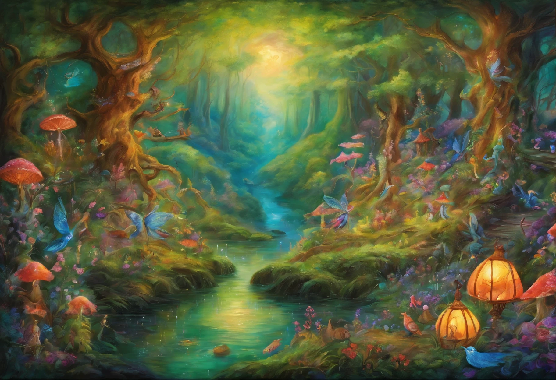 A painting,A woman sitting in the forest with a lantern, There are many elves next door,It felt like a dream,enchanted magical fantasy forest, enchanted forest, psychedelic forest, intricate Fantasy, Fantasy艺术写实, Fantasy, magical fantasy forest, fairy forest, enchanted forest, magic fairy forest, fantasy oil painting, Magic fantasy very detailed, fantasy forest, Inspired by Josephine Wall, Fantasy is detailed