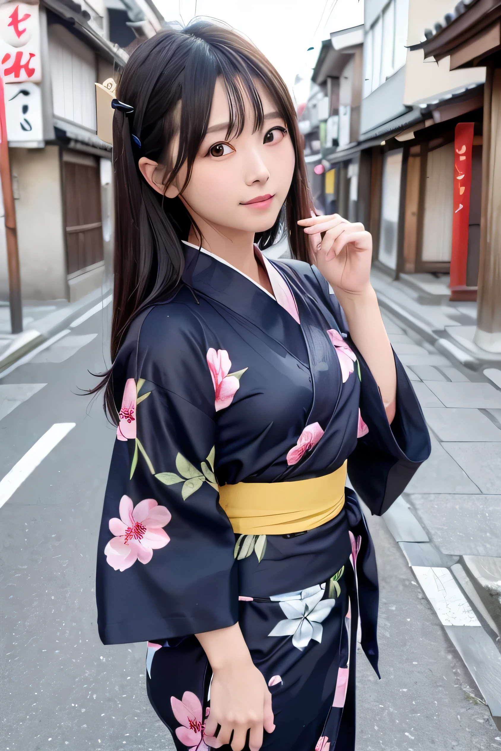 8k、RAW photo、highest quality、masterpiece:1.2)、High-definition RAW color photo、professional photos、Japanese、Beautiful woman、black hair、long hair、(genuine、Photo geneuine:1.37)(((highest quality))),30 year old woman,cinematic light,(final details face:1.2)(masterpiece:1.2),(highest quality:1.2), (smile:1.2）, In the streets of Kyoto, (yukata: 1.2))