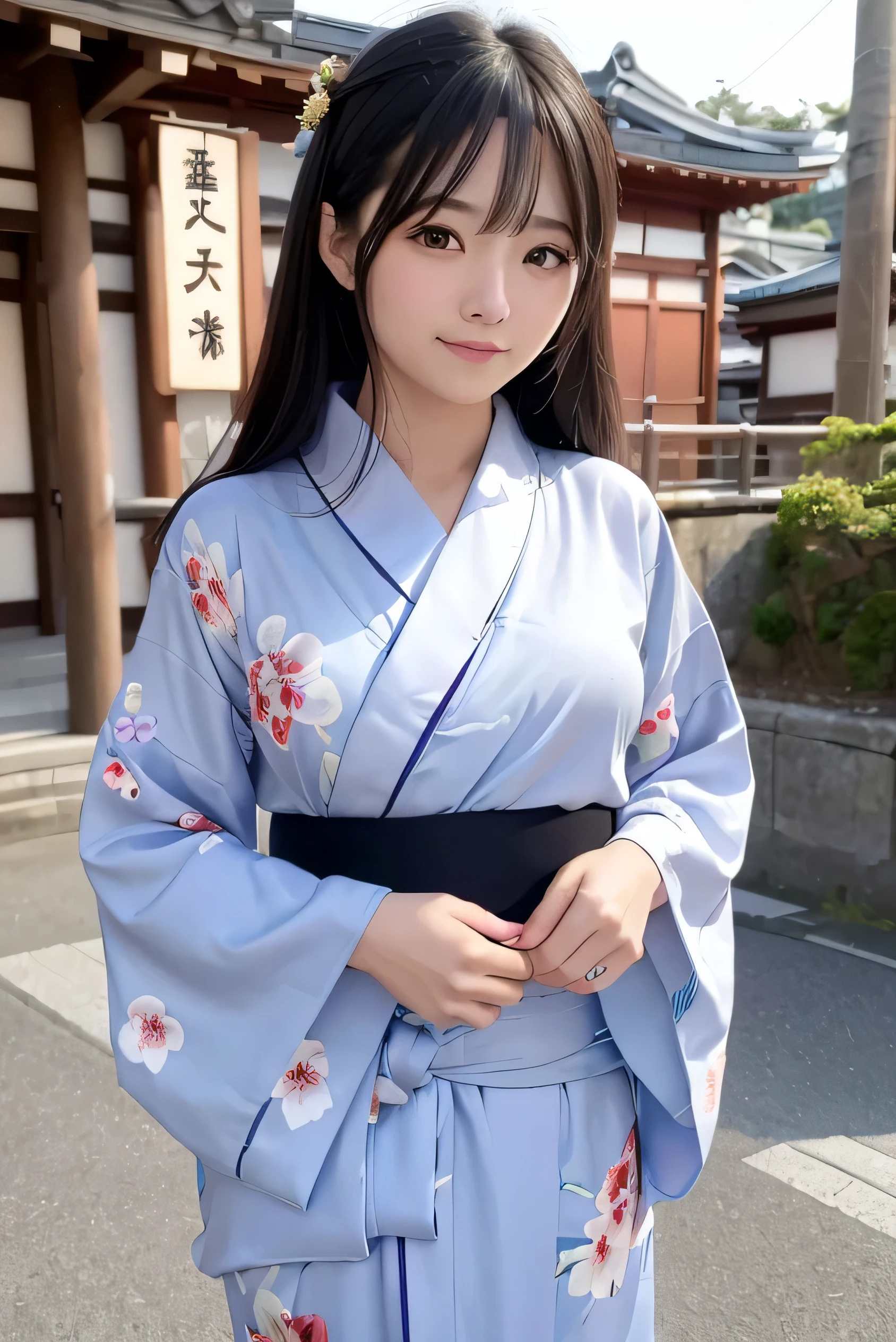 8k、RAW photo、highest quality、masterpiece:1.2)、High-definition RAW color photo、professional photos、Japanese、Beautiful woman、black hair、long hair、(genuine、Photo geneuine:1.37)(((highest quality))),30 year old woman,cinematic light,(final details face:1.2)(masterpiece:1.2),(highest quality:1.2), (smile:1.2), In the streets of Kyoto, (yukata: 1.2))