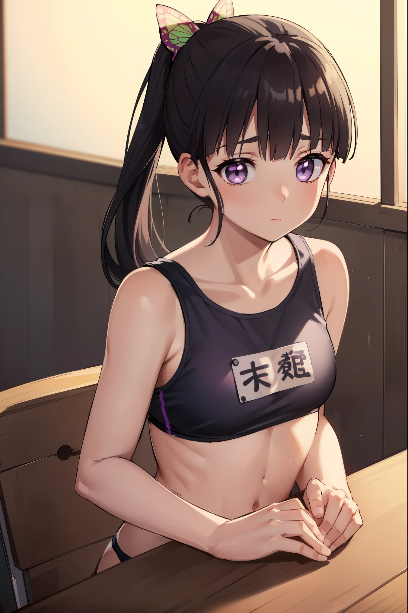 Kanaotsu Yuri, kanao tsuyuri, black hair, butterfly, butterfly hair ornament, (purple eyes:1.1), Side ponytail, ponytail, 
Swim wear,bikini ,
break looking at viewer,
rest indoors, classroom,
break (table top:1.2), highest quality, High resolution, unity 8k wallpaper, (figure:0.8), (detailed and beautiful eyes:1.6), highly detailed face, perfect lighting, Highly detailed CG, (perfect hands, perfect anatomy),