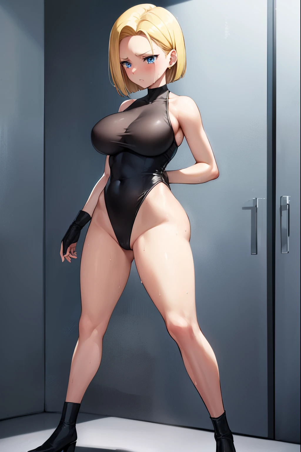 highest quality, High resolution, ,full body figure,AND18, 1 girl, android 18, alone, golden hair, blue eyes, short hair,earrings,big breasts, frown,crying face,tears,embarrassing,blush,wide open mouth,Sweat,1 girl, black leotard, black high leg cut,Research room,