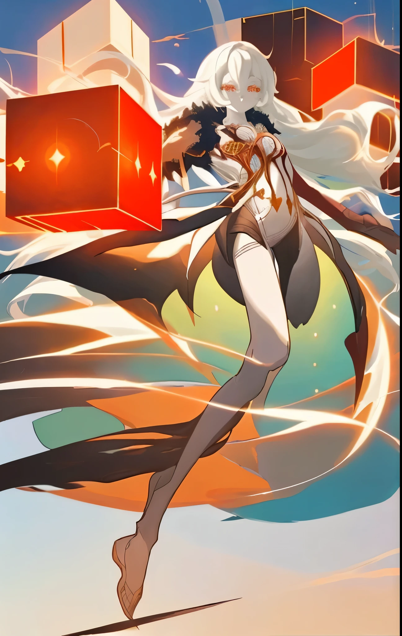 anime style,Genshin Impact character with long white hair in an elegant black and red costume flying surrounded by floating cubes, Close ups of positive characters，in the anime style, with a fantasy background, using a sky blue color scheme, as a full body shot, with white skin, as a fulllength portrait, at a high resolution, with a fantasy background, including floating cube elements, in a dynamic pose,