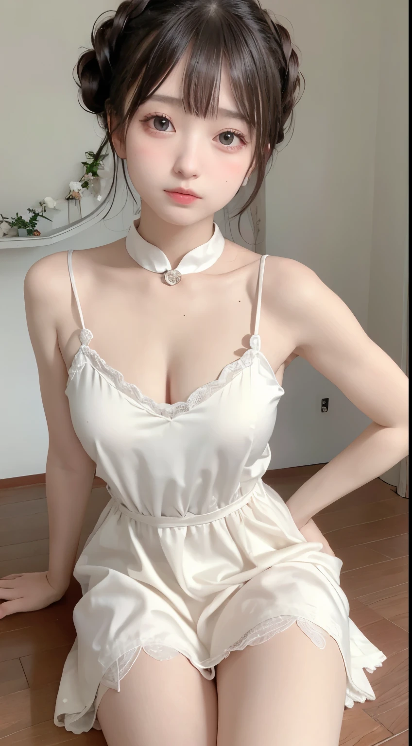 1 girl, perfect lighting, detailed skin, earrings and necklaces, oppai misete, white transparent dress, perfect japanese model face, simple bedroom background, hands in the back, Leaning forward pose, asian skin tone, girlfriend material