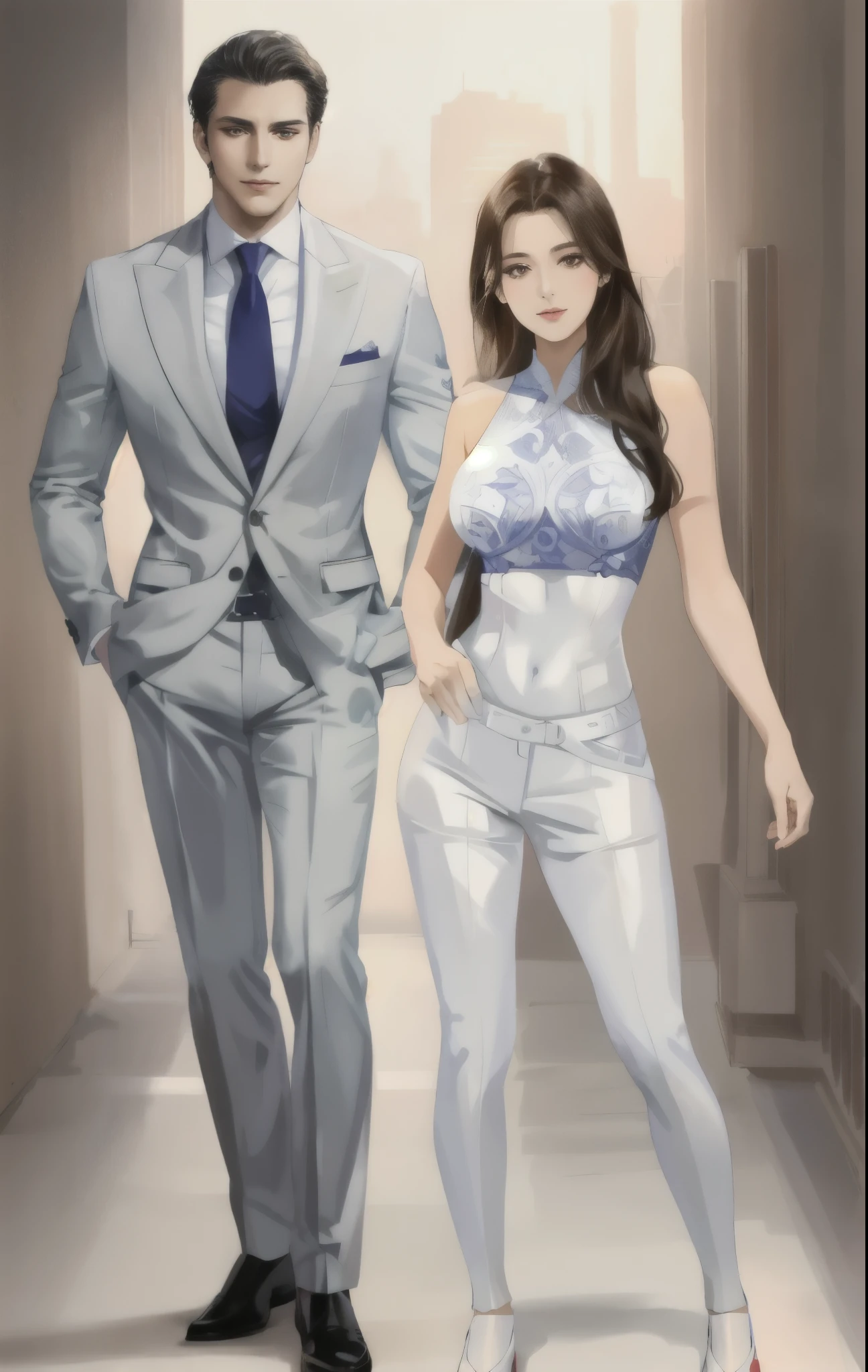 arafed image of a man and a woman in a suit, photorealistic perfect body, well - dressed, well dressed, full body model, 165 cm tall, smooth white tight clothes suit, 155 cm tall, in strict suit, wearing tight suit, suits, enjoyable, wearing a suits, man and woman, formal attire, look like model