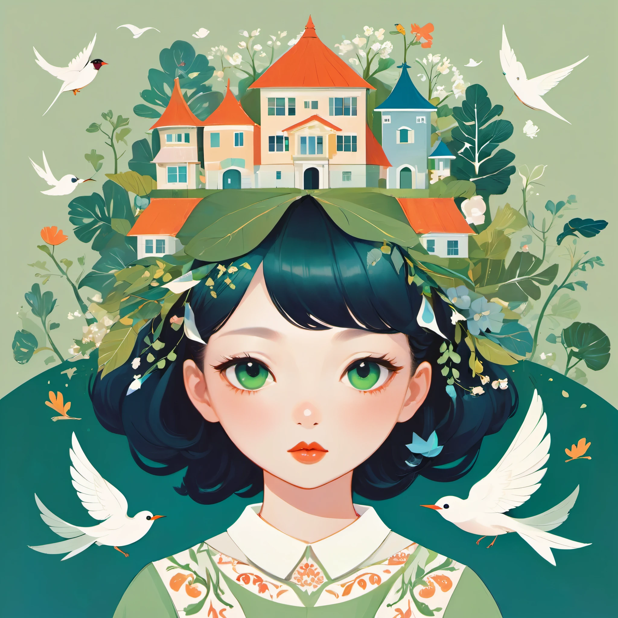 flat，vector：1.37，A beautiful girl with green eyes，Wearing an elegant headband，Hair decorated with elements of nature and houses，Carrying a house on your head，Carrying houses and buildings on his head，Village on the head，tree on head，simple，Hand drawn illustration style，Cute cartoon design，green palette，Birds were flying around her face，The swallow sat on his shoulder，by Hsiao Ron Cheng，Patchwork patterns of fabrics are used in a whimsical illustration.