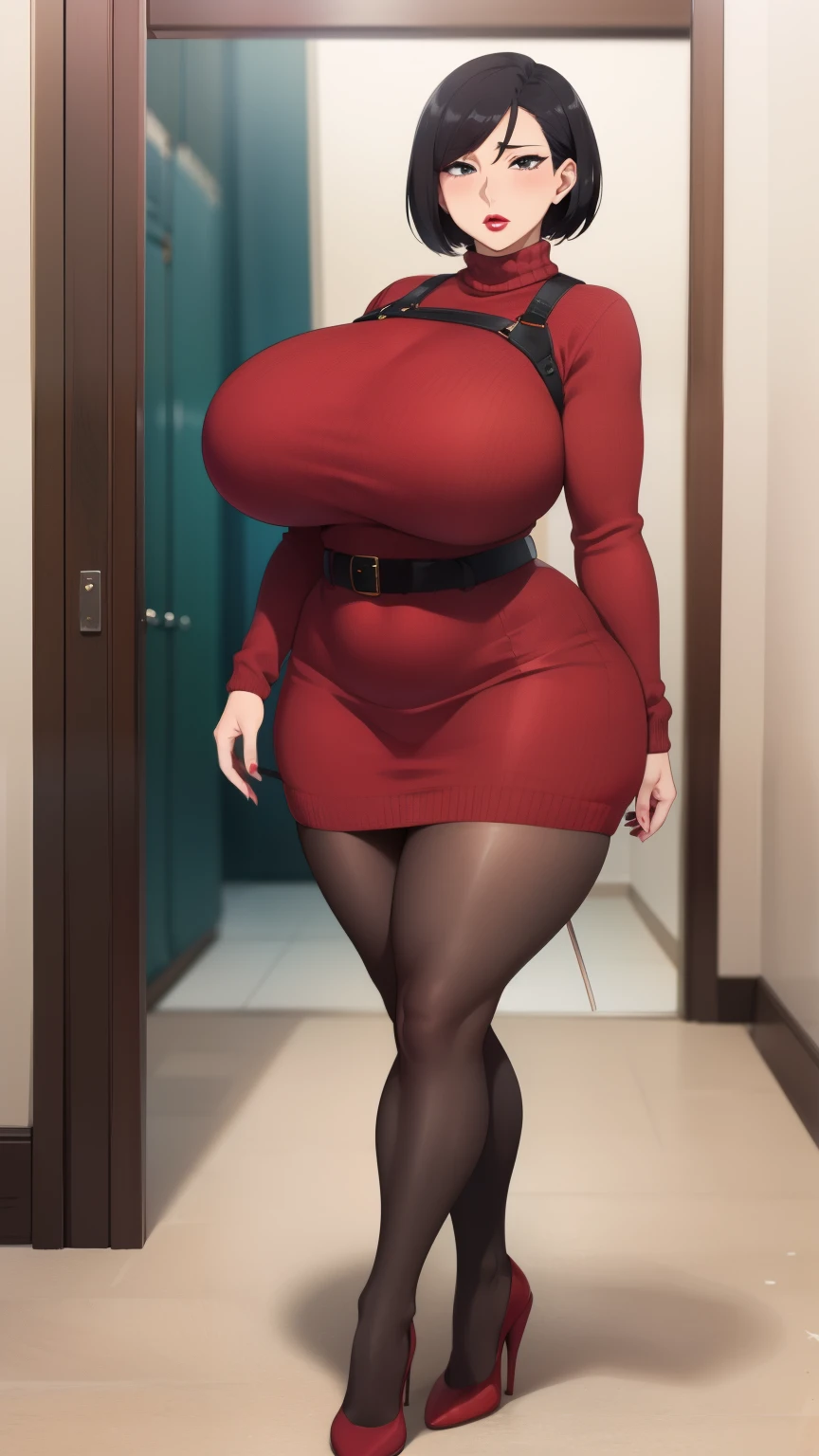 won is here, (((at last))), black hair, short hair, perfect face, perfect eyes, looking at the viewer, swollen lips, thick lips, wide hips, thick thighs, Longing face, huge natural breasts, mature mom, indoors, modern interior, fake breasts, asian women, there is a sweater, red sweater, sweater dress, turtleneck, Harness, pantyhose, black eye, looking at the viewer, big breasts, parted lips, red lips, lipstick, holster, belt, mature woman, full body shot, Strong lower body, strong legs,strong calves,plump body,erotic manga style body, super mini skirt
