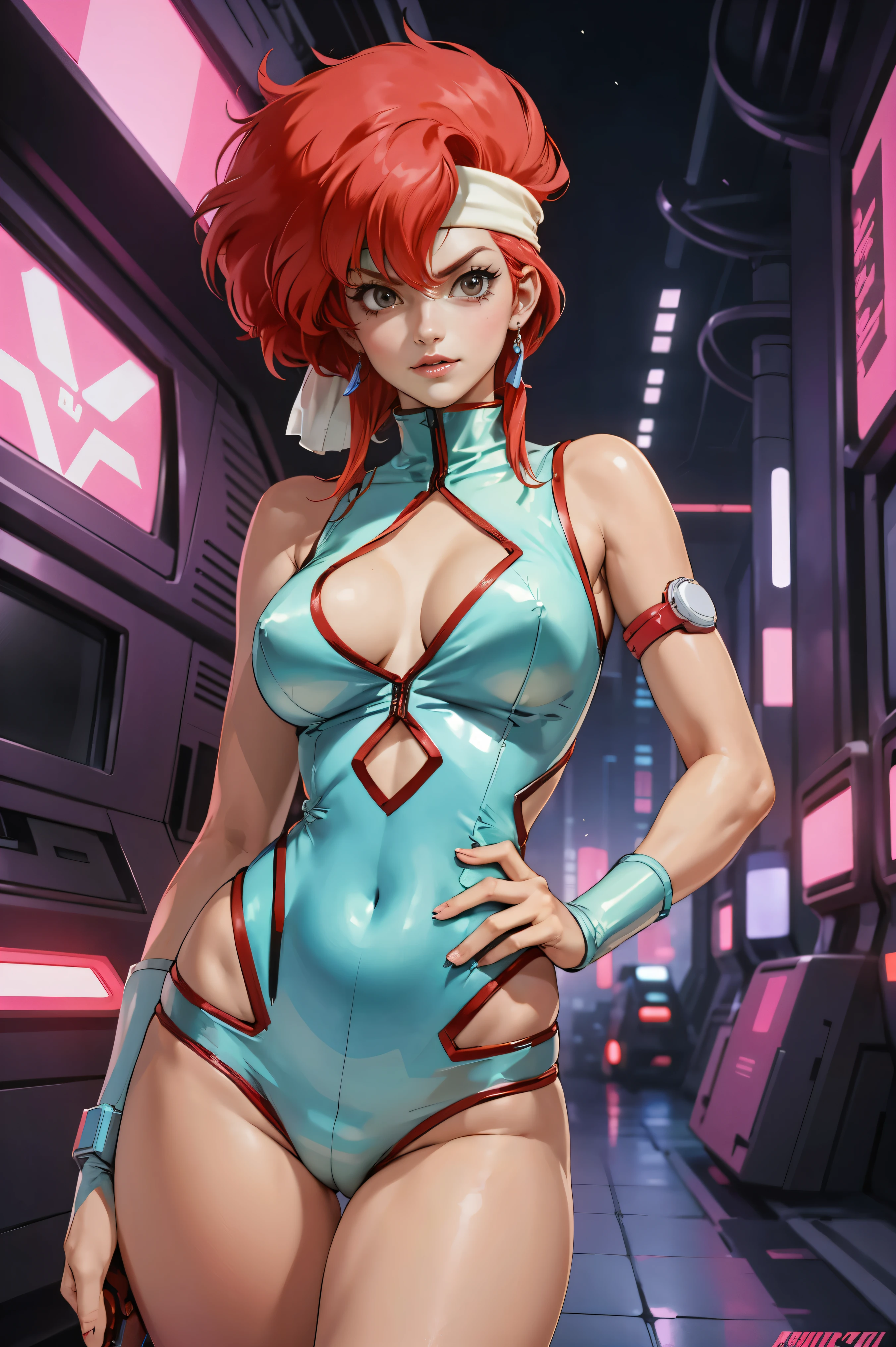 Kei from The Dirty Pair, , wearing a tight outfit, skimpy, medium breast, red hair beauty, cyberpunk city background, holding retro space-gun, headband, slim waist, slim thighs, thigh gap