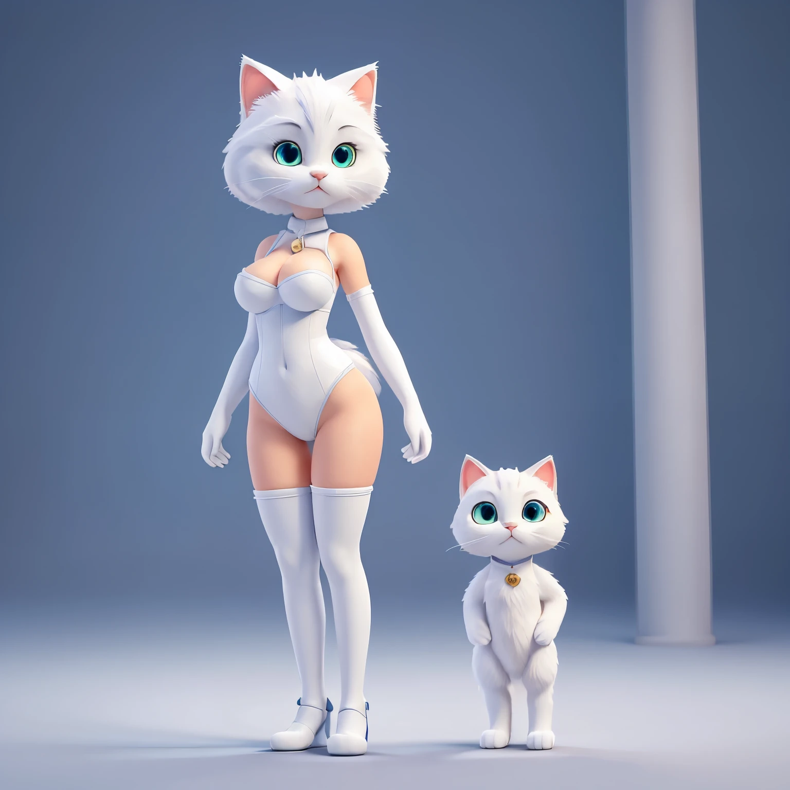 Cat girl, anthropomorphic female white cat, big breasts, small waist, wide hips, cat tail, cat ears, cat paws, furry, white fur, tall, elegant, sexy, short white hair, short white fur, standing in two legs, human form, long legs, elegant face, blue eyes, stockings, thigh highs, nipples.