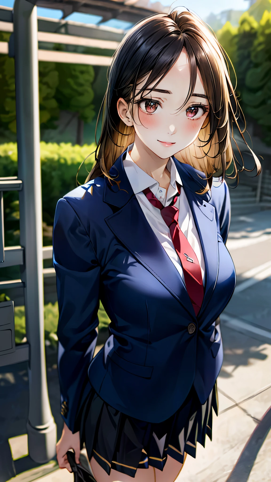 (masterpiece:1.3, top-quality, ultra high res, ultra detailed), (realistic, photorealistic:1.4), beautiful illustration, perfect lighting, natural lighting, colorful, depth of fields,
beautiful detailed hair, beautiful detailed face, beautiful detailed eyes, beautiful clavicle, beautiful body, beautiful chest, beautiful thigh, beautiful legs, beautiful fingers,
looking at viewer, 1 girl, japanese, high school girl, perfect face, (perfect anatomy, anatomically correct), cute and symmetrical face, babyface, , shiny skin,
(long hair:1.7, straight hair:1.6, black hair), ((parted bangs, forehead)), dark brown eyes, slant eyes, long eye lasher, (medium breasts), slender,
(((navy blazer), collared white shirt, navt pleated skirt, dark red tie)), navy school socks, ,
(beautiful scenery), evening, (school gate), standing, (light smile),