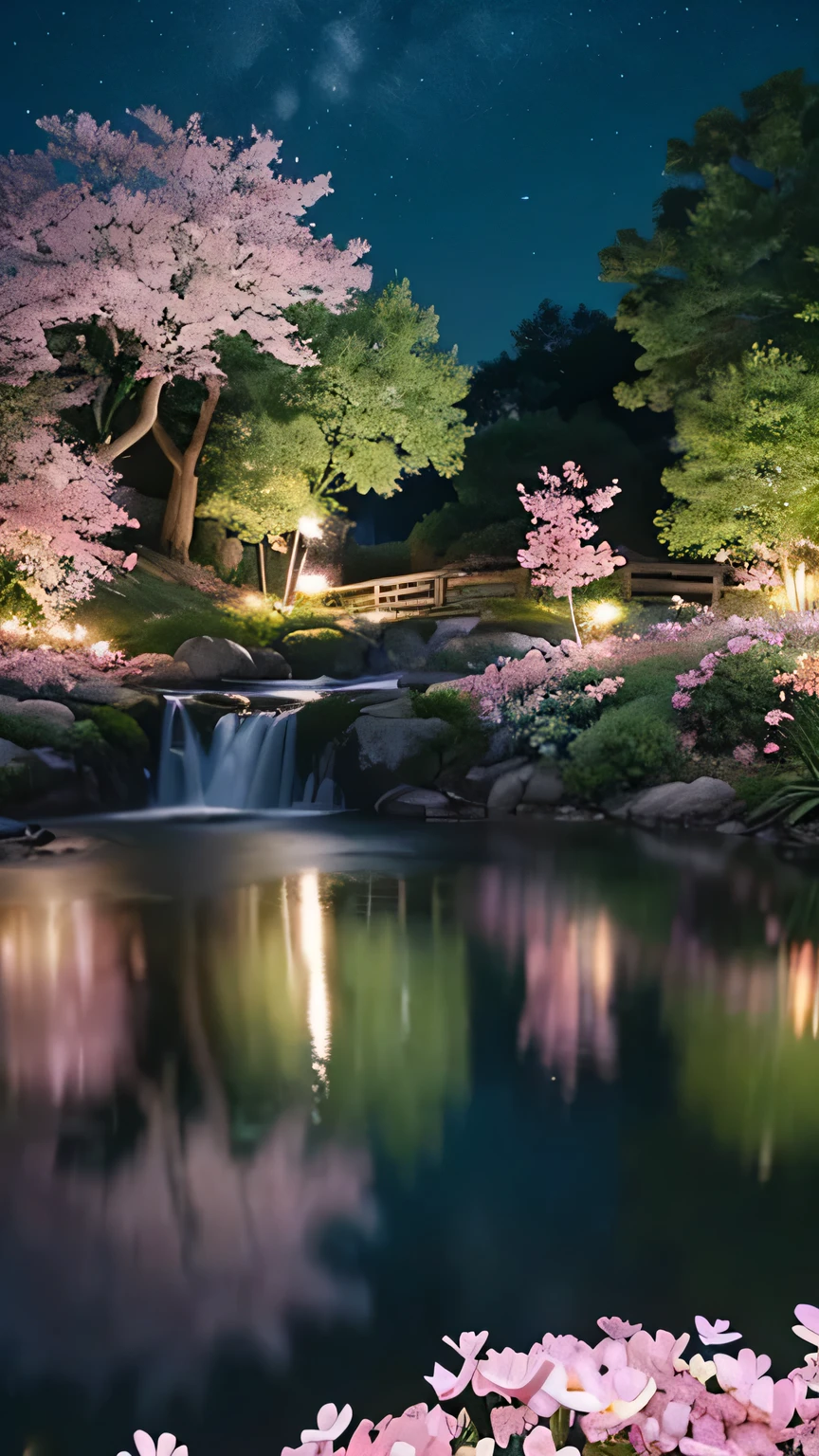 Ipponzakura、bowl-shaped city、(magical pretty night null green stream overlay scene), (null), (cloud), soft light, cute background, beautiful scenery, masterpiece, high quality, nice graphics, high detail, spectacular scenery, garden, flowers, cloud, (night starry null, behind the river, big old tree in the back, Shining pink petals fall behind you)