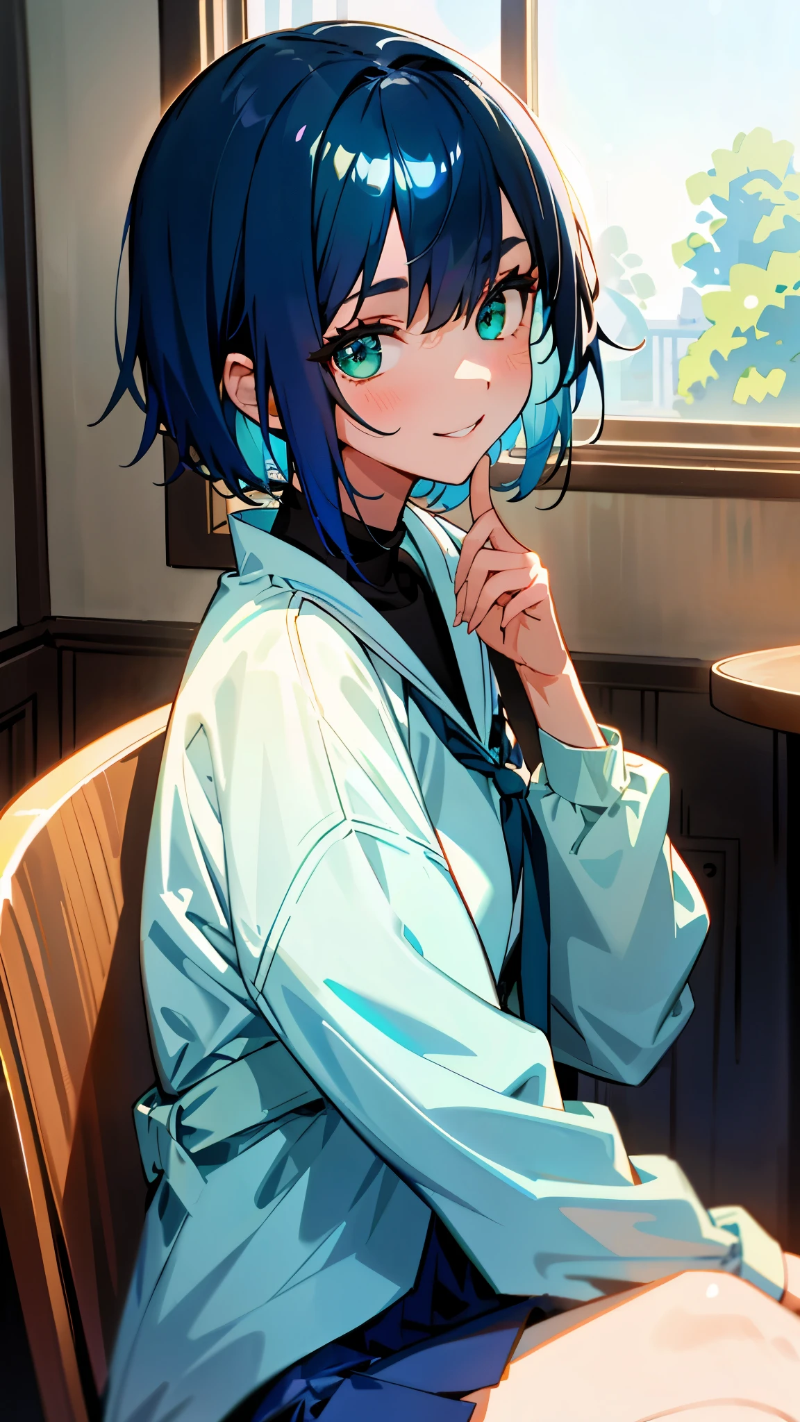 1 girl、one person、short navy blue hair like a boy、beautiful green eyes、evil smile、From the side、Outerwear based on white color、sitting in a chair、blue mini skirt、indoor、Morning Cafe、Lens flare, shiny, Glossy skin、upper body close-up