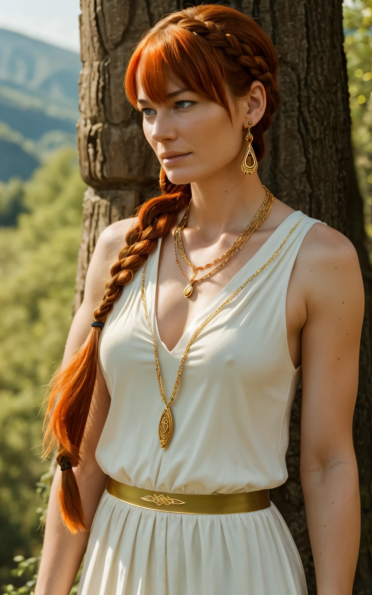 Flamme, (young Lena Headey:Evangeline Lilly), A 35-year-old woman with orange hair, green eyes, sideburns, one large braid, a gold necklace with a ruby pendant, dressed in a white Greek tunic and Roman sandals, with gold bracelets on her arms, forest in the background, masterpiece, hyperdetailed,((1girl)) ,bangs,braided ponytail,single braid,orange hair,very long hair,sidelocks,red earrings,hair over one eye,