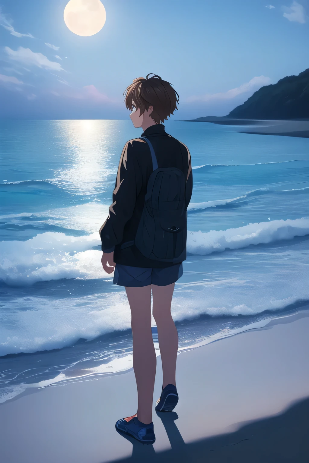 ((best quality)), ((masterpiece)), (detailed), a boy，brown hair，walking on the beach，whole body，looking at the moonlight，dim lights，blue tint，Characters occupy one-fifth of the screen