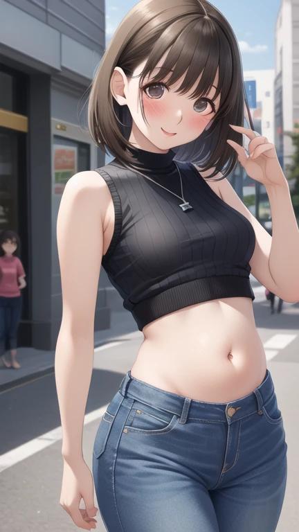 (best quality:1.5, highres, UHD, 4K, detailed lighting, shaders), brown medium hair, large breasts, thighs, crotch, smiling, black hoodie, belly, jean shorts, (pov, close shot), sexy, standing, street background