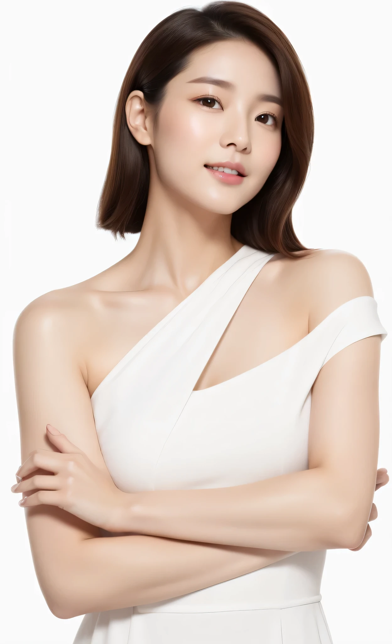1 real photo of a cute Korean star, Medium long hair, fine hair, White skin, Light makeup,,wearing white clothes, closeup portrait, ultra high definition，front，Show forehead，Full forehead，Don&#39;t cover up the role，Model the face，glow，front面对着镜头，，youth and beauty，Don&#39;t cover your body，Upper body，light color dress，white dress，
