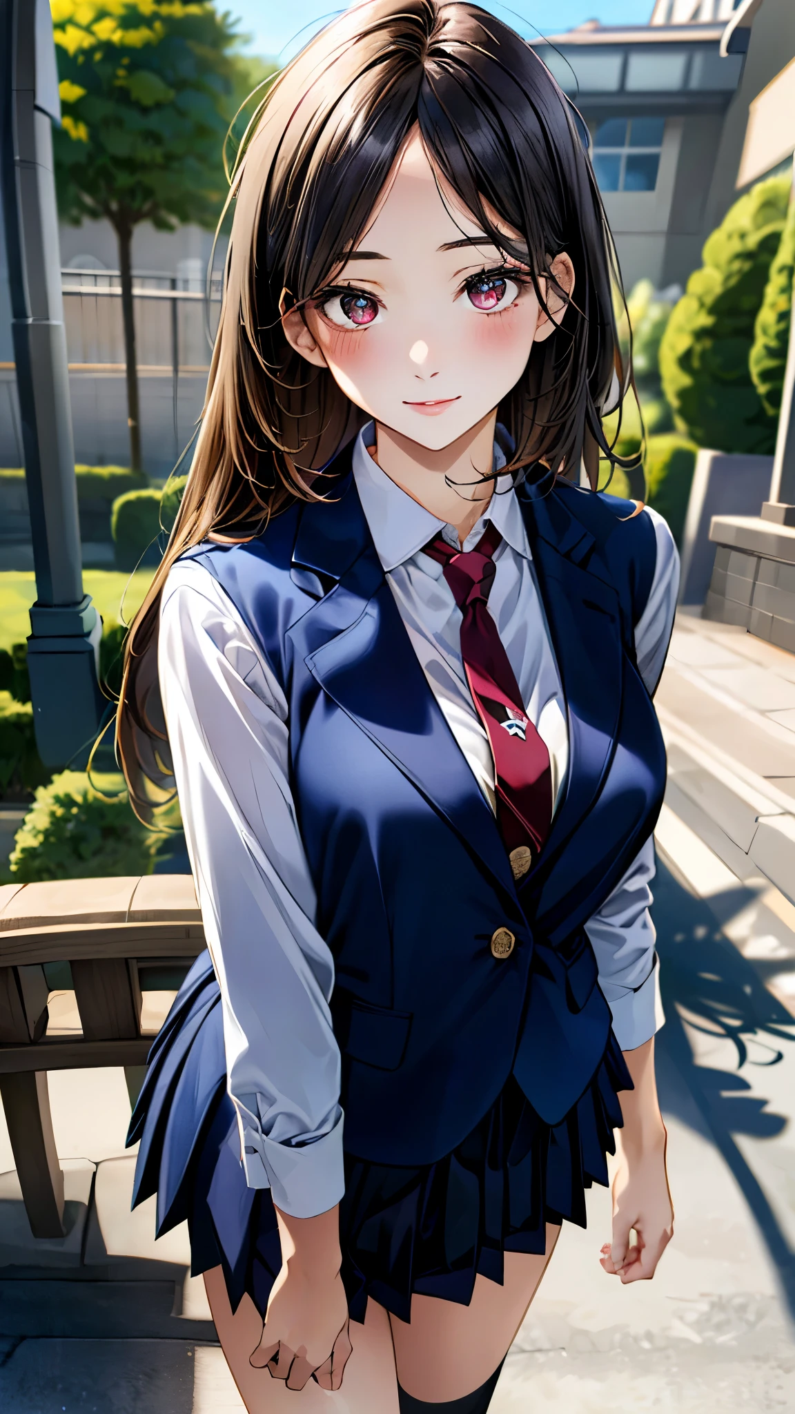 (masterpiece:1.3, top-quality, ultra high res, ultra detailed), (realistic, photorealistic:1.4), beautiful illustration, perfect lighting, natural lighting, colorful, depth of fields,
beautiful detailed hair, beautiful detailed face, beautiful detailed eyes, beautiful clavicle, beautiful body, beautiful chest, beautiful thigh, beautiful legs, beautiful fingers,
looking at viewer, 1 girl, japanese, high school girl, perfect face, (perfect anatomy, anatomically correct), cute and symmetrical face, babyface, , shiny skin,
(long hair:1.7, straight hair:1.6, black hair), ((parted bangs, forehead)), dark brown eyes, slant eyes, long eye lasher, (medium breasts), slender,
(((navy) blazer, collared white shirt, navy pleated skirt, dark red tie)), navy school socks, ,
(beautiful scenery), evening, (school gate), standing, (light smile),
