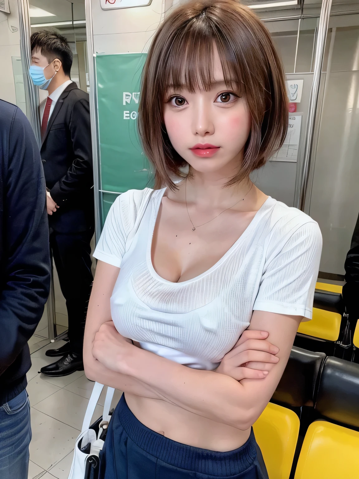 (masterpiece:1.3), (8K, realistic, Raw photo, highest quality: 1.4), (1 girl), beautiful face, (realistic face), (brown hair, you feel the skin、 short hair:1.3,With bangs), beautiful hairstyle, realistic eyes, fine and beautiful eyes, (realistic skin、sweating), beautiful skin、((navy miniskirt、white Y-shirt、I have a black bag、beautiful necklace))、Breast flick、((medium breasts))、(in a crowded train)、From the side、full body、(look away)、I can see the whole body、(Are standing)、crossed arms、((chest hold))、18 year old beautiful girl