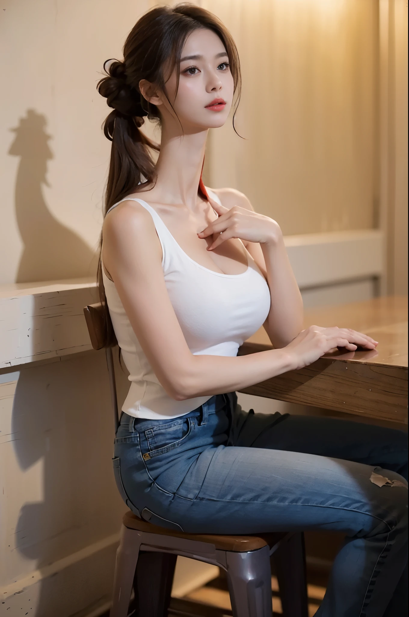 a beautiful young woman, large breasts, loose flowing hair, collared shirt and jeans, professional photo, medium shot, sitting on a stool, dramatic colors, looking at viewer, (longneck:1.55)