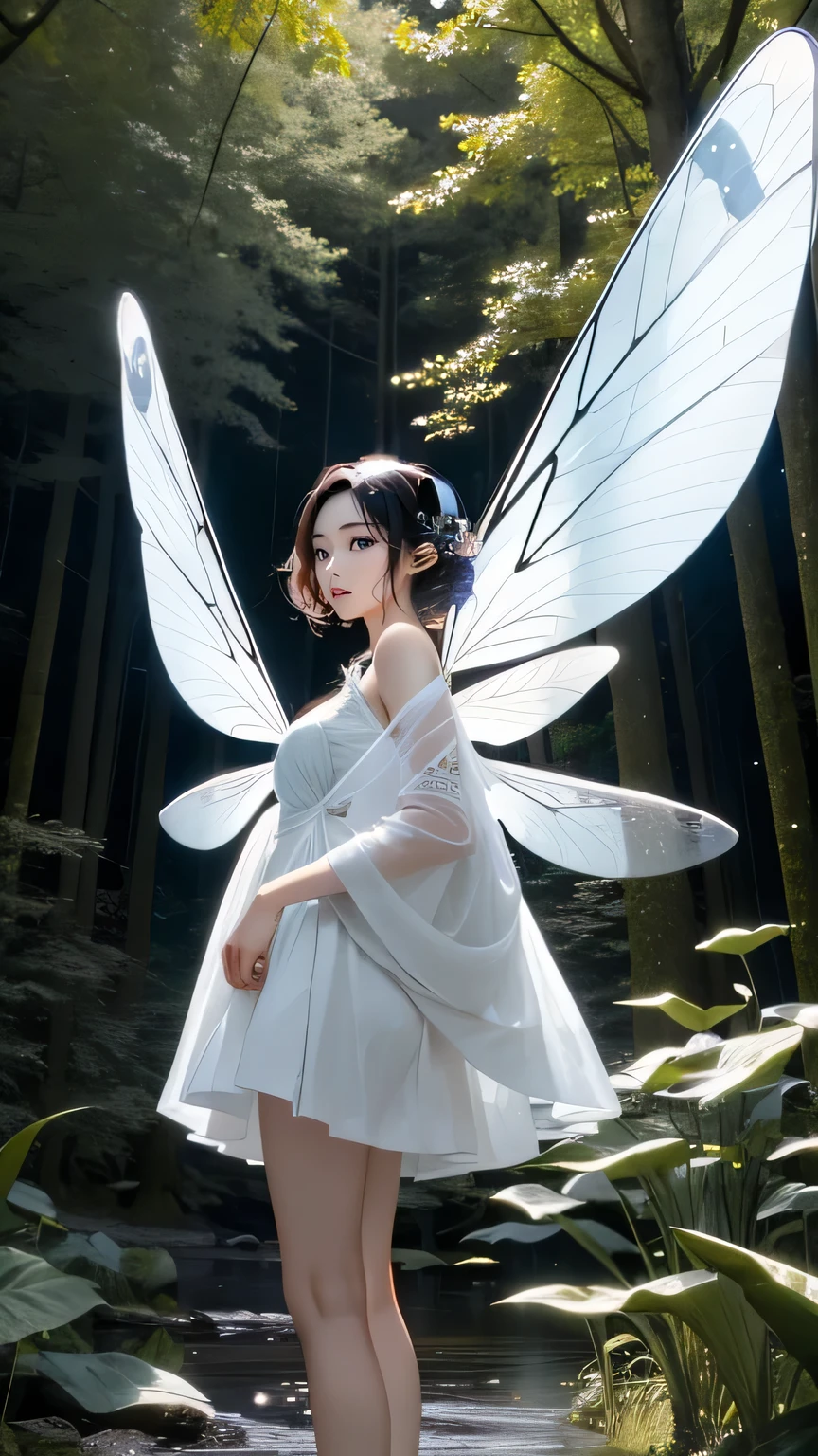 (((masterpiece))), ((highest quality)), one beautiful japanese girl,pale, (A fusion character of humans and insects: 1.5), ((fairy-like)), (Insect wings on the back)), Clothes with a lot of revealing skin, A mixture of human and exoskeleton,(in the forest:1.2)