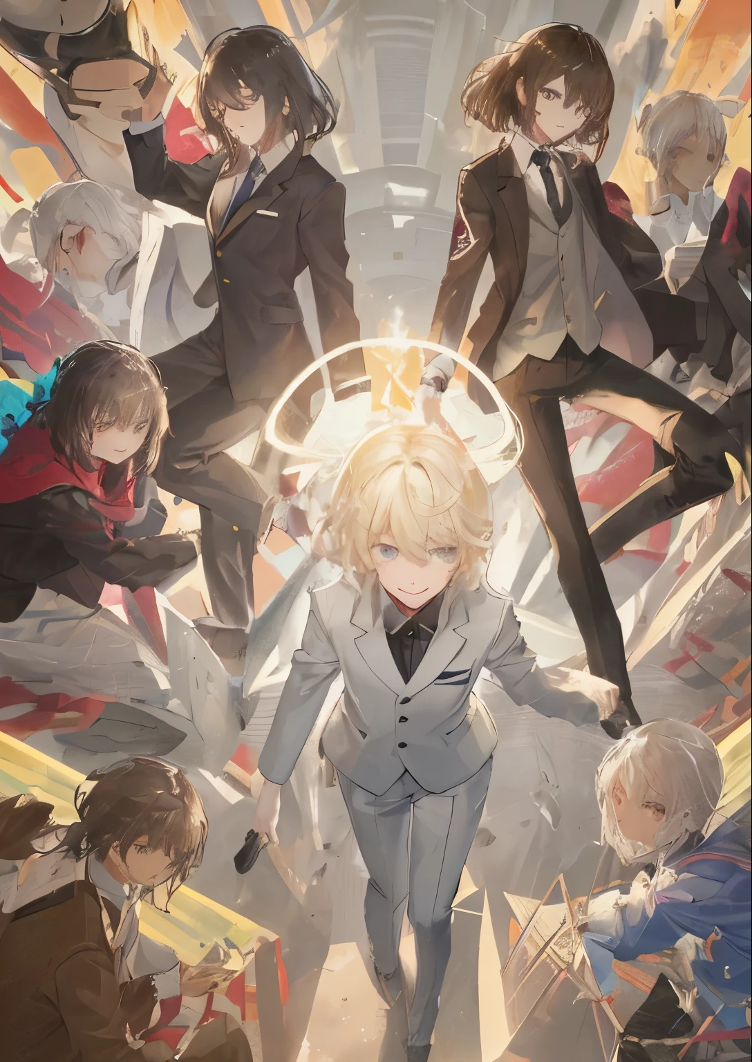 Anime character wearing a suit and tie and standing with folded hands, アニメwhole bodyイラスト, 一文字whole body, キャラクターのwhole bodyポートレート, ((masterpiece, highest quality)) white background、whole body、solo、Viewer's perspective、male、28 years old、black single suit、short hair、brown hair、smile、A mood maker with a bright and friendly personality。strong sense of justice。