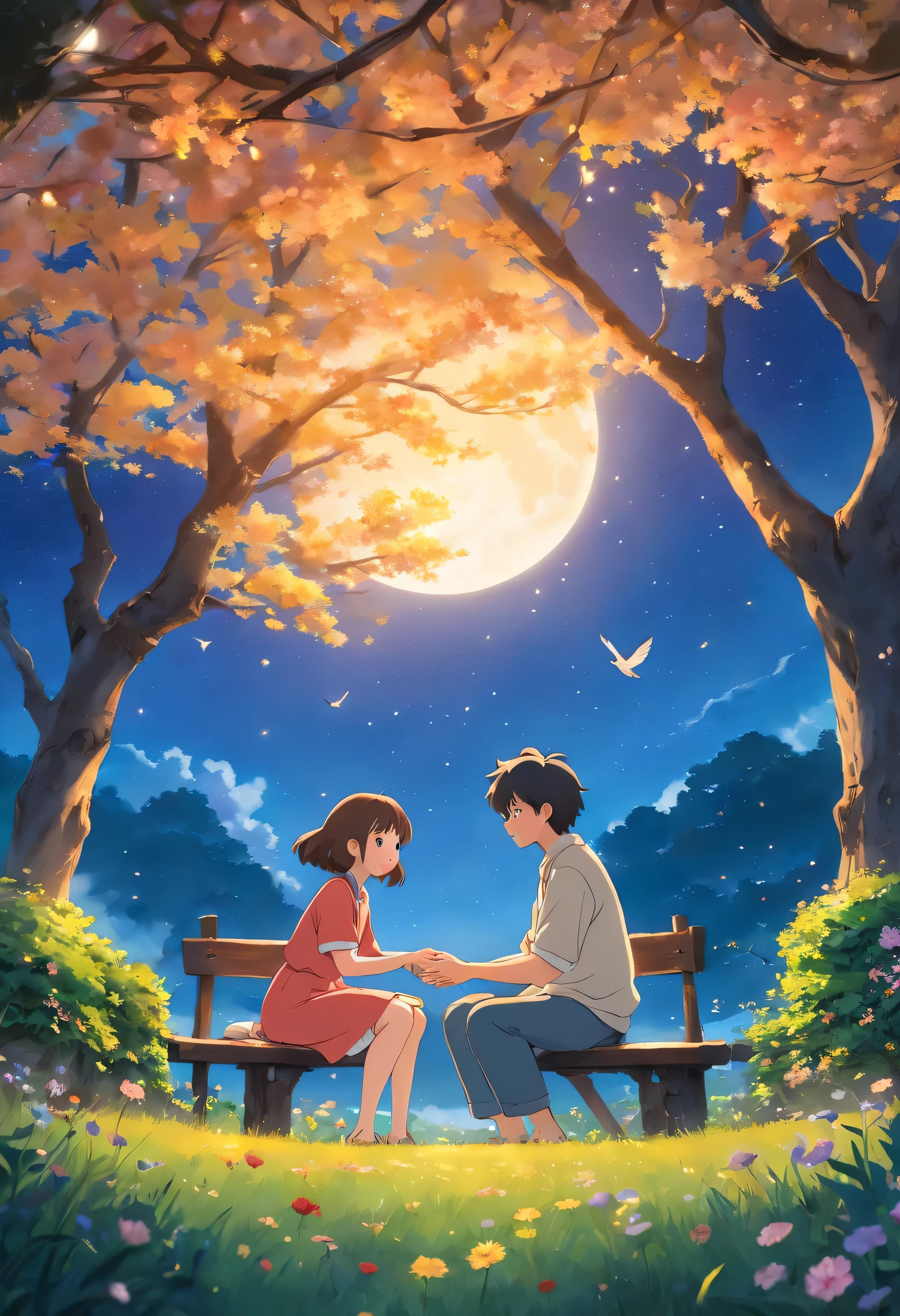 (Mejor calidad,4k,8K,high resolution,obra maestra:1.2),ultra detallado,(realista,photorealista,photo-realista:1.37),couple sitting under a tree,laugh,ambiente romantico,ambiente feliz,paisaje,illustration,colores suaves,natural lighting,suave brisa,ramas frondosas,filtros de luz solar,transparent petals,birds chirping,grass,Flores floreciendo,colores vibrantes,magia en el aire,felicidad en sus ojos,ropa casual,tomados de la mano,sonrisas suaves,cielo estrellado,luz de la luna,peaceful and calm,tranquilidad,momento alegre y sin preocupaciones,love and union.