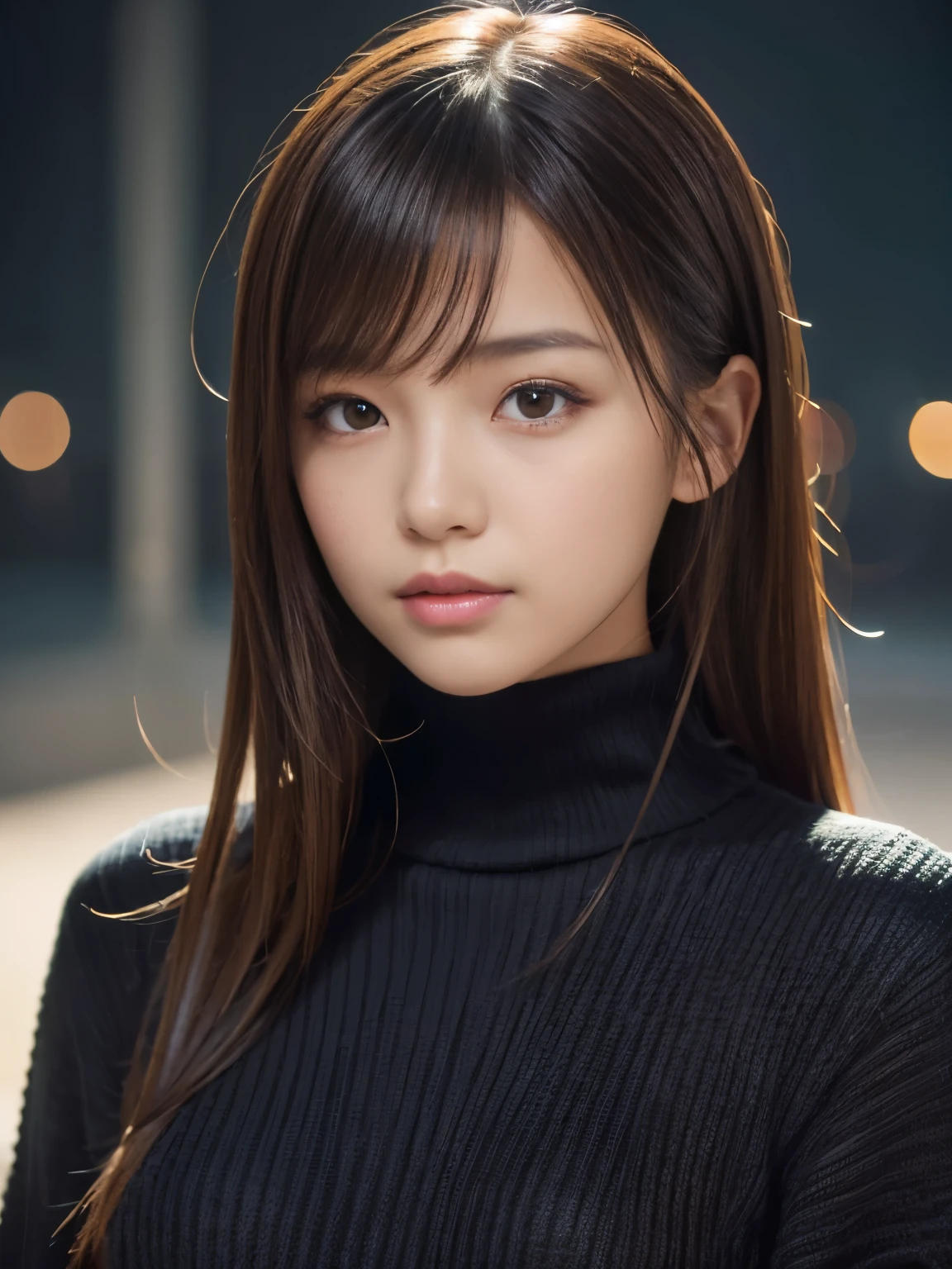 product quality, 1 girl, cowboy shot, front view, a Japanese young pretty girl, at night, wearing a black knitted turtleneck sweater, wearing mini skert, hyper cute face, glossy lips, double eyelids for both eyes, (natural makeup), shiny smooth light brown hair of long hair, asymmetrical bangs, central image, 8K resolution, high detail, detailed hairstyle, detailed face, cinematic lighting, octane rendering, hyper realistic, perfect limbs, perfect anatomy,