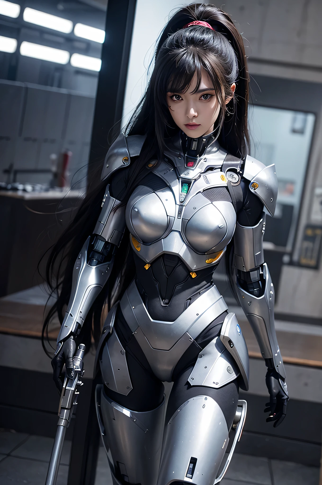 Textured skin, Super Detail, high details, High quality, Best Quality, hight resolution, 1080p, hard disk, Beautiful,(cyborgs),(Missiles from the chest),(Machine gun from both handeautiful cyborg woman,Mecha Cyborg Girl,Battle Mode,Girl with a Mecha Body,She wears a battle cyborg mech with a weapon,Fulll body Shot