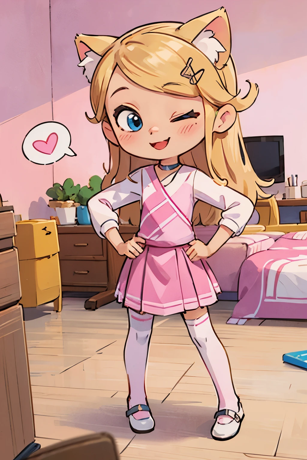 (Pink Room:1.5),Smile,pink and white skirt,masutepiece, Best Quality,Hair Ornament,(one hand on hip ),Looking away,zettai_ryouiki+,,Cat's ears+,Long hair,Blonde hair,blue eyes,white footwear,Puffy sleeves,Wrist cuffs,Choker, Pink costume, pleated skirt,Spoken Heart,,7 ,Aerial view+,low angles, one eye closed, joyful, mouth open,