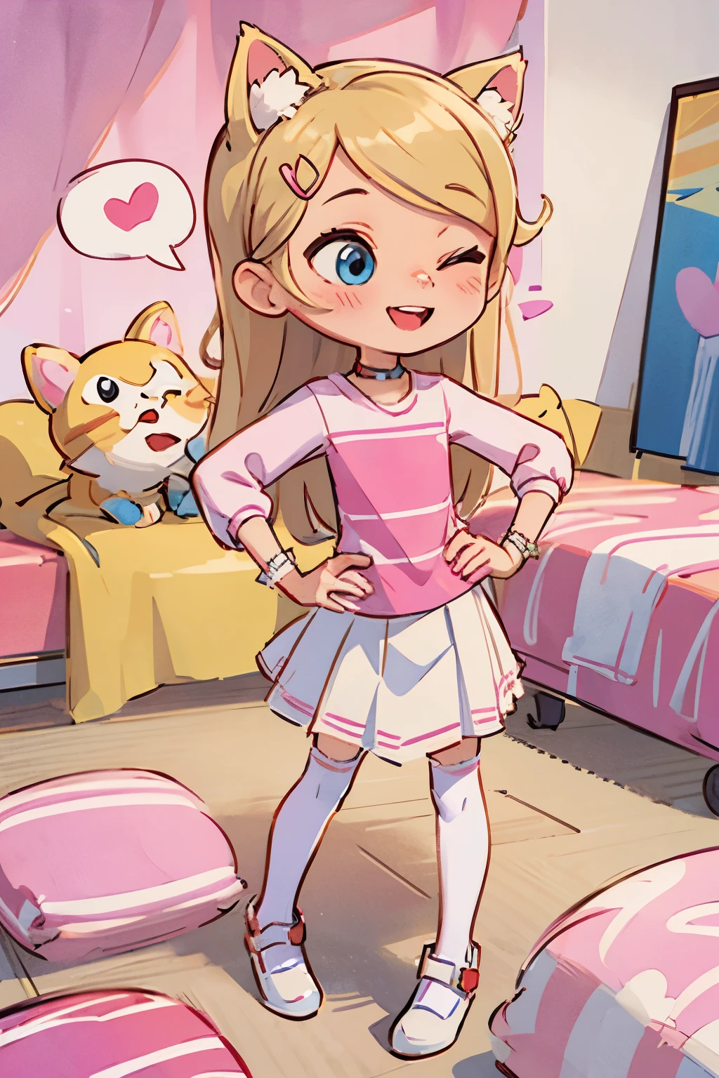 (Pink Room:1.5),Smile,pink and white skirt,masutepiece, Best Quality,Hair Ornament,(one hand on hip ),Looking away,zettai_ryouiki+,,Cat's ears+,Long hair,Blonde hair,blue eyes,white footwear,Puffy sleeves,Wrist cuffs,Choker, Pink costume, pleated skirt,Spoken Heart,,7 years old,Aerial view+,low angles, one eye closed, joyful, mouth open,