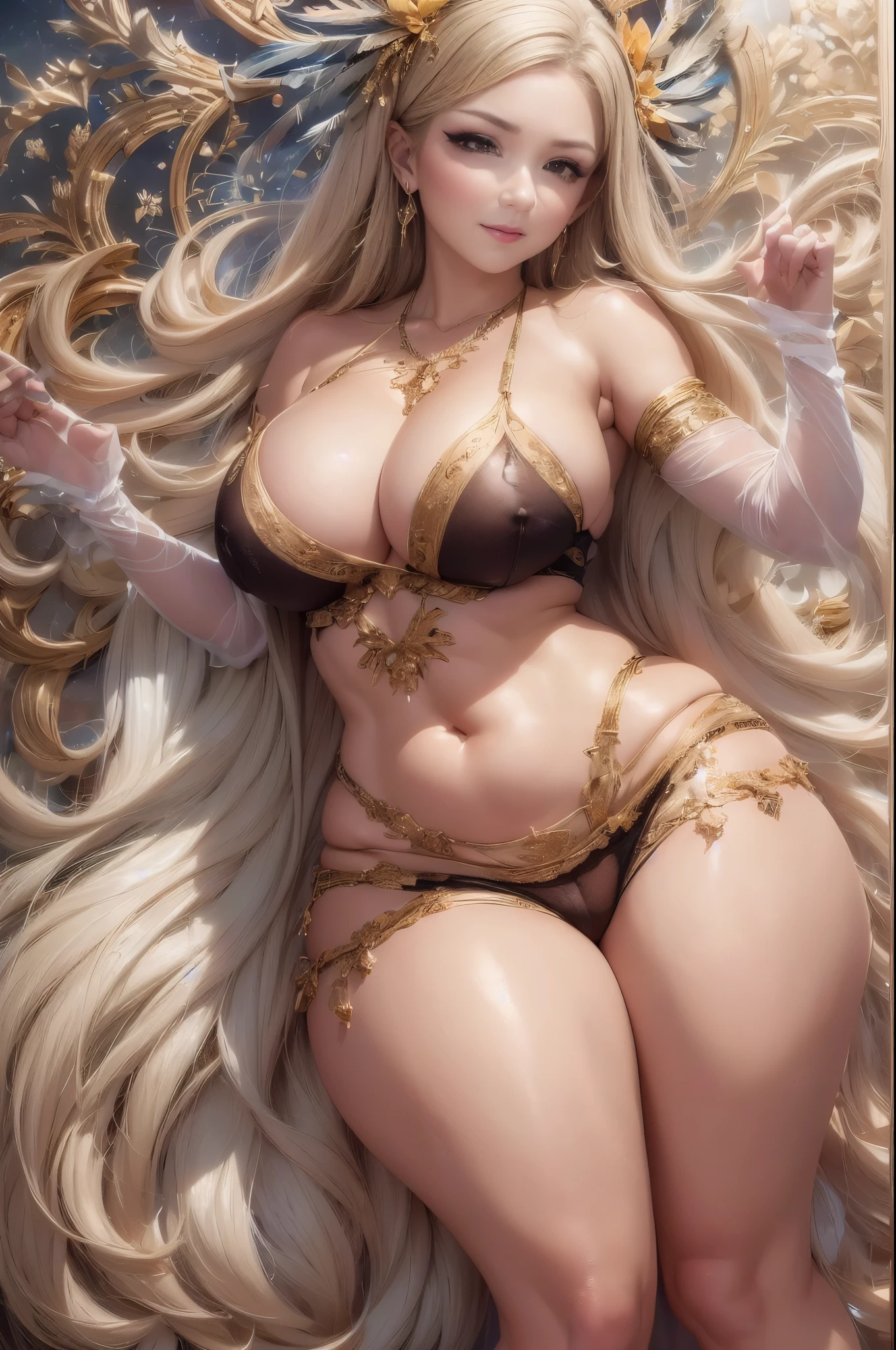 最高のmasterpiece、beautiful美しさ, 2D, rich, blonde, skirt, stockings, high heels, star、(Highly detailed CG, (best work),(best shadow), (fine eye:1.1), (超High resolution,realistic,highest quality,realistic),8K,mature woman、sensual curves、bubble、お尻のmasterpiece, highest quality, Super detailed, full body shot, nightgown and underwear, enchanting smile, thick lips, plump lips, blush, looking at the viewer, provocative expression, beautiful髪型, cleavage, Plump、curvy hips、attractive face、sexy lingerie、an inviting gaze、expression of emotions、(((erotic see-through lingerie set)))、gorgeous accessories 、big breastsの女性, bare shoulders, golden hair, colored feather, metal ornaments, colored flowers, particle, light,(1 girl:1.3), very detailed,(fractal art:1.1),(colorful:1.1)、(flowers:1.3), (dynamic pose), (超luxury background:1.3), (shiny skin), (lots of colors :1.4), ,(earrings:1.4), (feather:1.4),30~40 years, full body shot, beautiful 、different hairstyles，gold headband，plump breasts，beautiful butt，greek clothing，Tulle covers the chest，perfect balance, Detailed details of the garment,marble，Statue of God，cinematic lighting, high detail,(((NSFW:1.2)))、exposed chest、openwork decoration，(((see through dress)))、(((解剖学的に正しいbody))) , highest quality, Super detailed, (((高級jewelry)))、raise your butt, from below, (((R-18)))、feast、thighs, big breasts, Are standing, cowboy shot, blush, (((1 girl))), (masterpiece:1.3), (High resolution), (8K), (very detailed), perfect face, Nice eye and face, (((highest quality))), (Super detailed), detailed face and eye, (alone), High resolution、beautifuleye,(((sexy pose)))、(((整ったbig breasts)))、((beautiful eye))、luxury、(((超High resolution)))、(((detailed description)))、(((ぽっちゃりbody型)))、(((解剖学的構造に一致したbodyの部位)))、beautiful長いまつ毛、バランスのとれたbody型,The legs and arms are just the right size、Fishnet tights、glamorous、(((Clear white and black eye)))、lipstick、Sparkling、(Undistorted face, eye, body)、jewelry、gem、(長くカールしたbeautifulまつ毛)、(((バランス良いbeautiful胸)))、(transparent, Exquisite skin:1.2)、(((完璧なglamorousボディー)))、actress face、Super beautiful、cute smile、Healing beauty、flower shower、完璧なeye、realistic depiction、super sexy、shiny、glamorous、double eyelids、Good dark compensate、compensate、ぼやけていないeye、(((Plump face)))、cute face 、(((shiny輝く肌)))、(((luxury background))) 