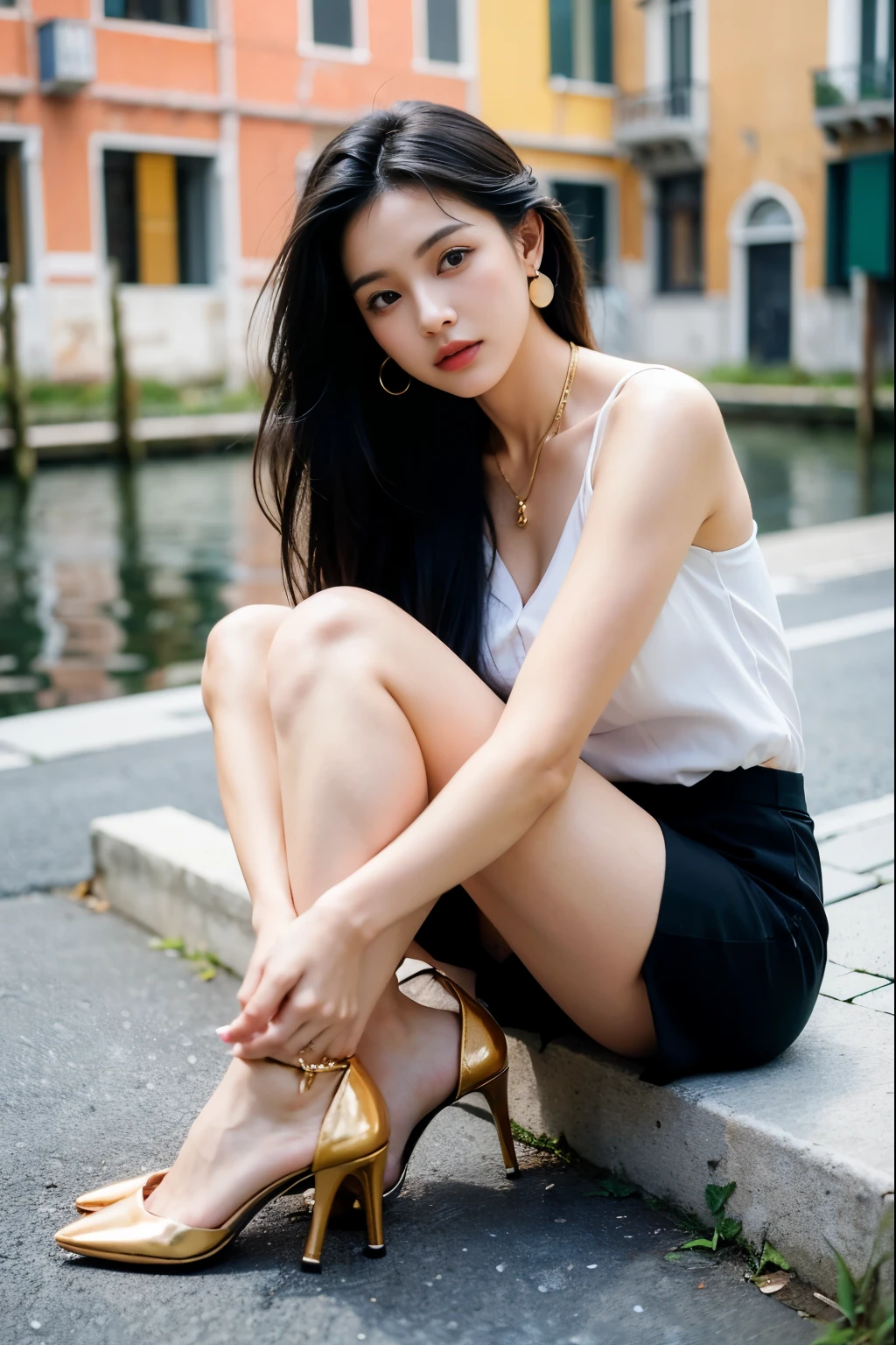 (masterpiece:1.3), (8 thousand, realistic, RAW photos, best quality: 1.4), (1 woman), (whole body), (Walk next to the waterways of Venice), (very sexy), (Beautiful makeover), (유난히 beautiful face), (Build a firm and beautiful body through exercise) (beautiful face), (beautiful face), (long eyelashes), (double eyelid), (big bust) , (Beautiful heaps), (realistic face), (black hair. parted, long hair:1.3), 아름다운 parted스타일, realistic eyes, (really beautiful and delicate eyes), (realistic skin), (beautiful skin), (Thin blouse), (short skirt), (pantyhose), (absurd), (attractive), (ultra high resolution), (extremely realistic), (very detailed), (golden ratio), (she'she'she'She's really pretty and her legs are long), (small size feet), (high heel), (necklace), (earring),(beautiful nails manicure), (So beautiful and sexy)