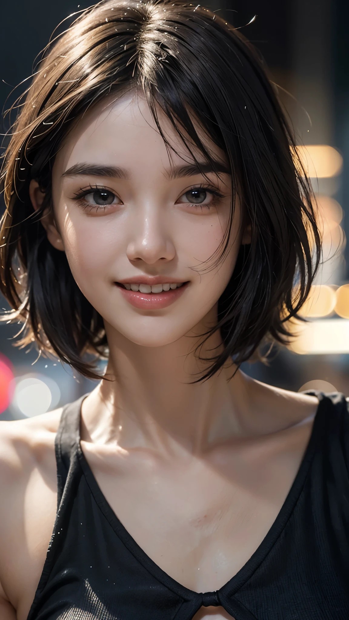 cute 26 year old,1 girl,slim face ,8K,Super realistic image quality,dynamic shadow,sparkling eyes,Clear black eyes,movie theater lighting,dark back alley,night,Darkness of the city,one piece skirt, ((face close up:1.5)),((A smile showing white teeth)),((short hair)),((very short bangs)),close, 8K, Raw photo, highest quality, masterpiece,realistic, photo-realistic,
