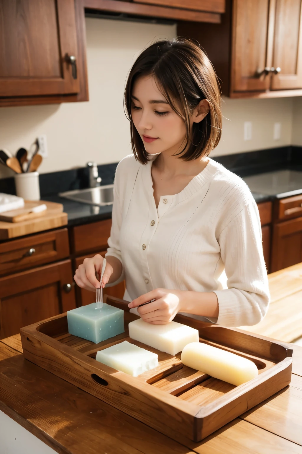 cutting soap,wooden soap dish,woman,kitchen,colored soap,making soap,American