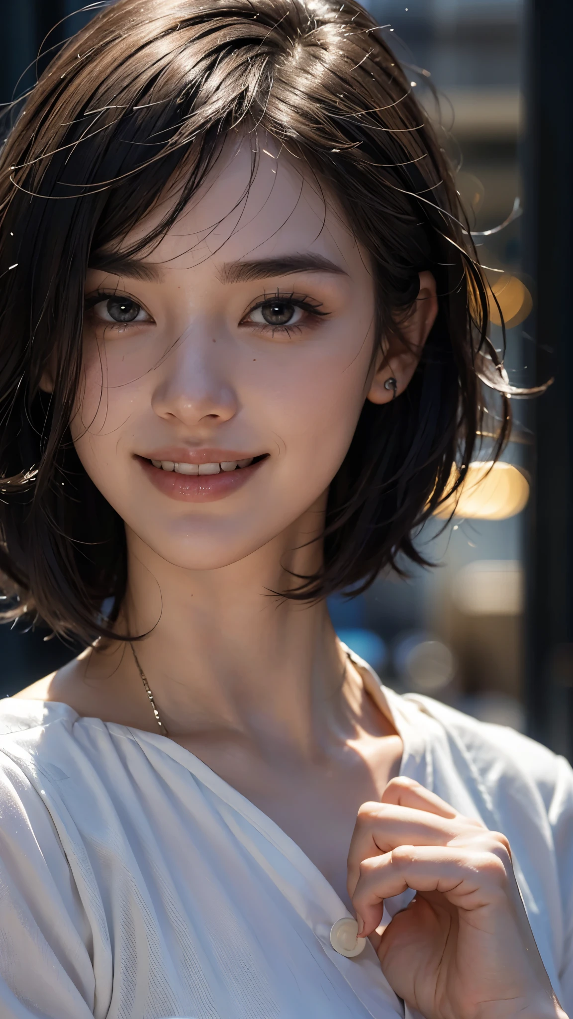 cute 26 year old,1 girl,slim face ,8K,Super realistic image quality,dynamic shadow,sparkling eyes,Clear black eyes,movie theater lighting,dark back alley,night,Darkness of the city,business suit, ((face close up:1.5)),((A smile showing white teeth)),((short hair)),((very short bangs)),close, 8K, Raw photo, highest quality, masterpiece,realistic, photo-realistic,