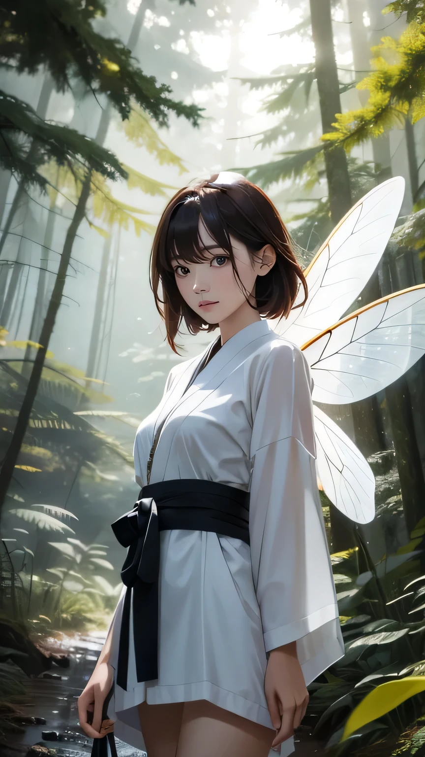 (((masterpiece))), ((highest quality)), one beautiful japanese girl,pale, (A fusion character of humans and insects: 1.5), ((fairy-like)), (Insect wings on the back)), Clothes with a lot of revealing skin, A mixture of human and exoskeleton,(in the forest:1.2),(fly in the sky:1.2),