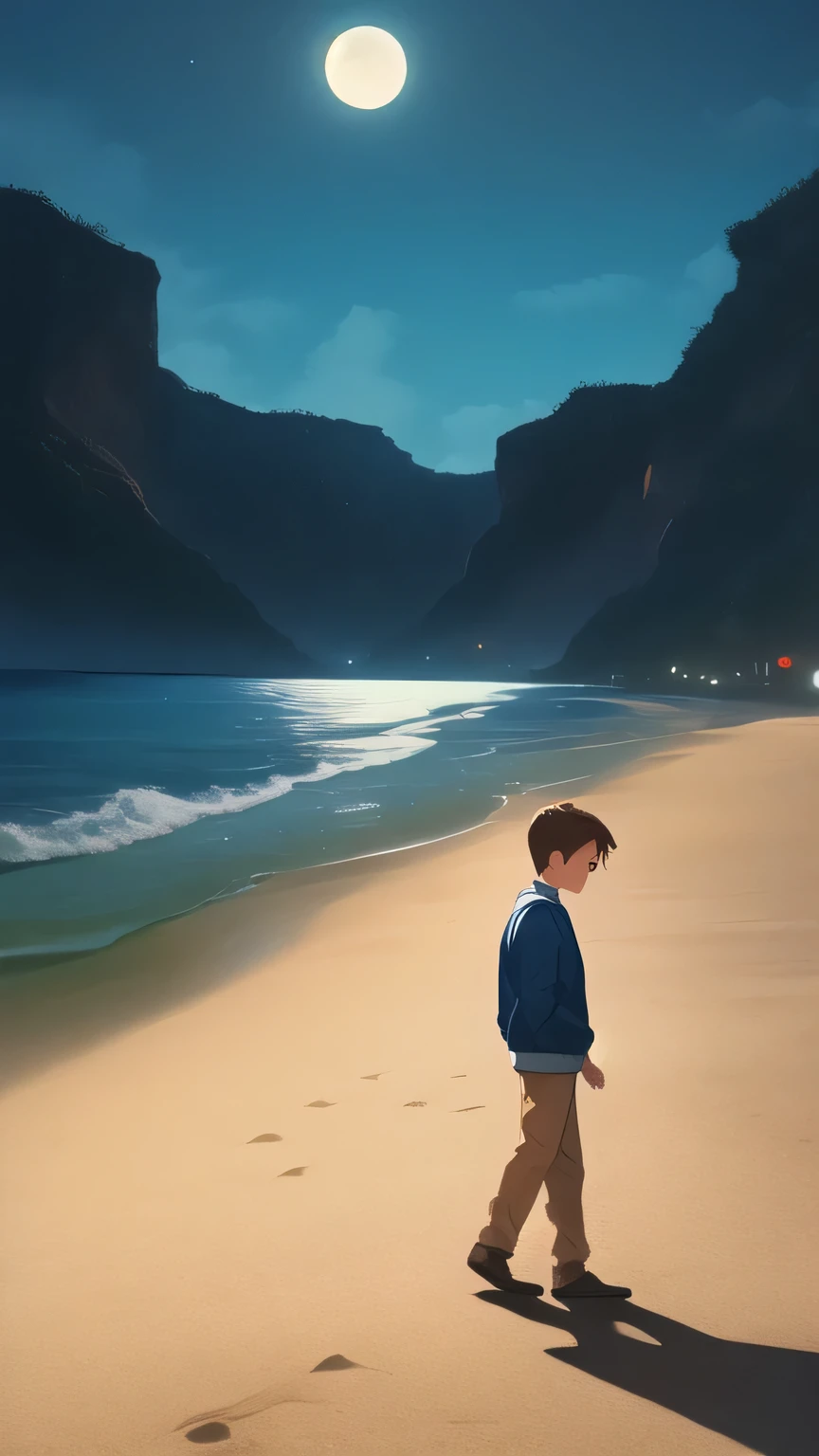 ((best quality)), ((masterpiece)), (detailed), a boy，brown hair，walking on the beach，whole body，looking at the moonlight，dim lights，blue tint，Characters occupy one-fifth of the screen，The center of the screen is the background