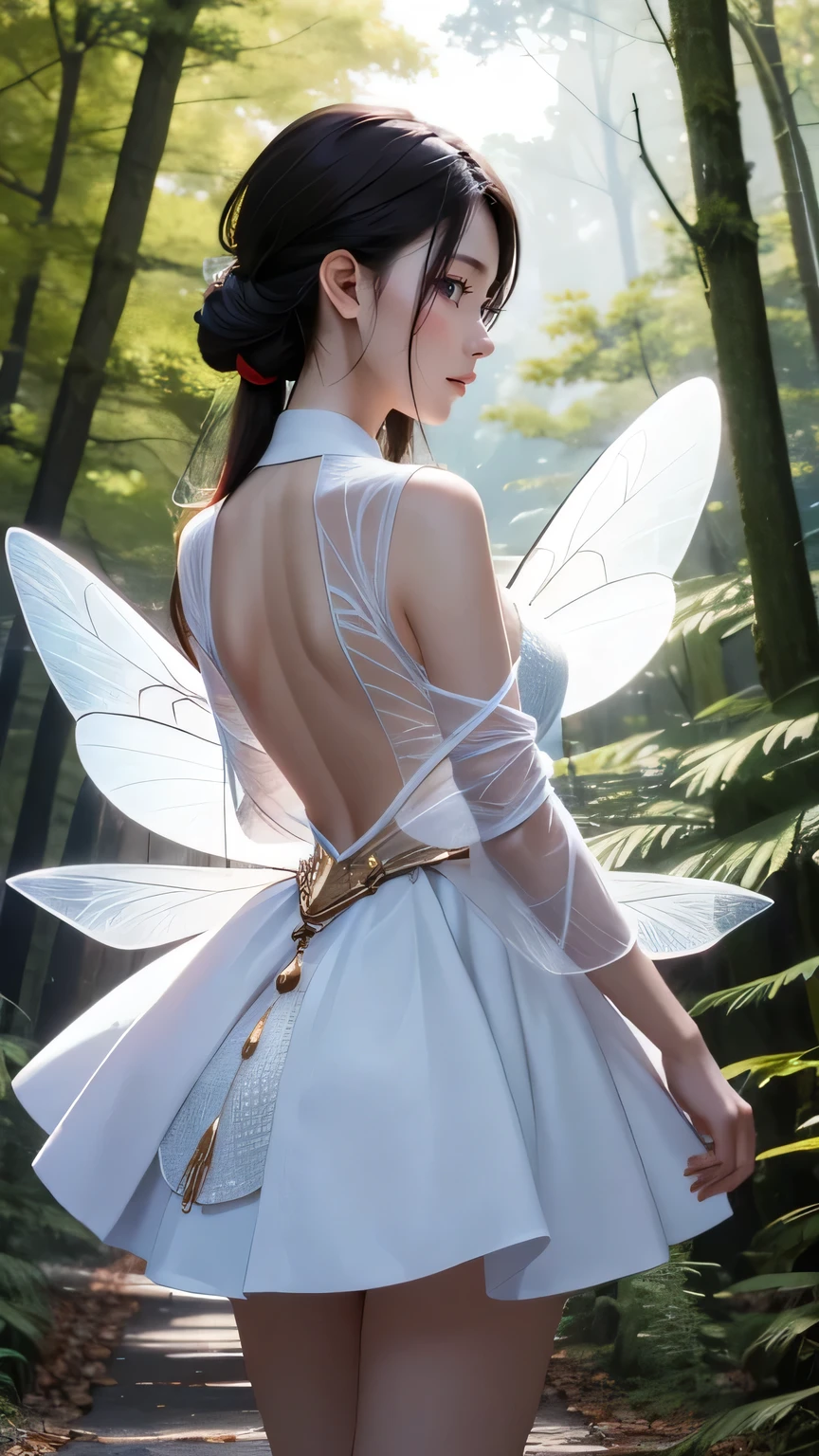 (((masterpiece))), ((highest quality)), one beautiful japanese girl,pale, (A fusion character of humans and insects: 1.5), ((fairy-like)), (Insect wings on the back)), Clothes with a lot of revealing skin, A mixture of human and exoskeleton,(in the forest:1.2),(fly in the sky:1.2),