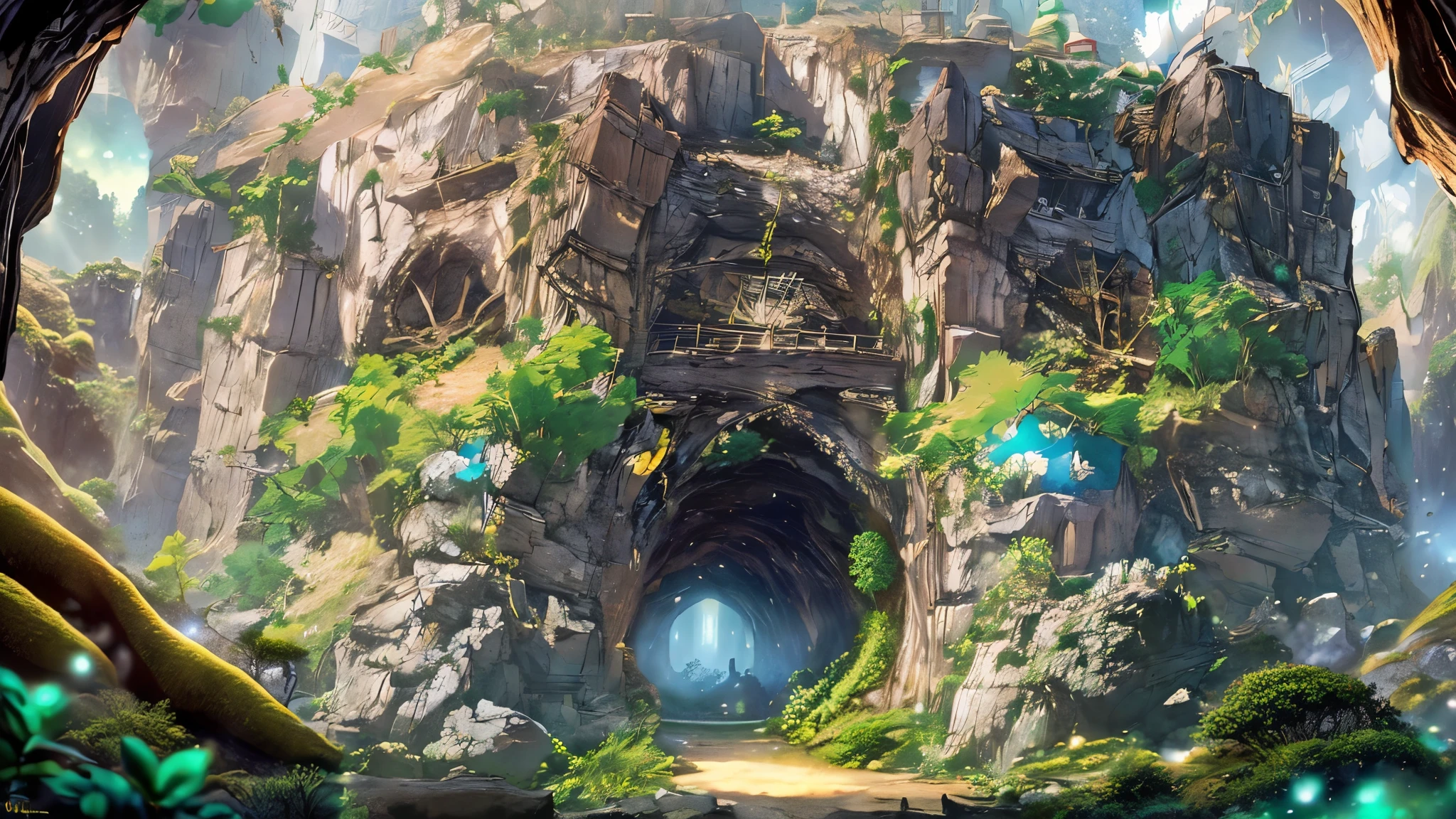 (Masterpiece), melhor qualidade, 8k, panoramic view, mina de trabalho, caverna, pedras preciosas brilhantes, cadeias de montanhas majestosas, mystical atmosphere
