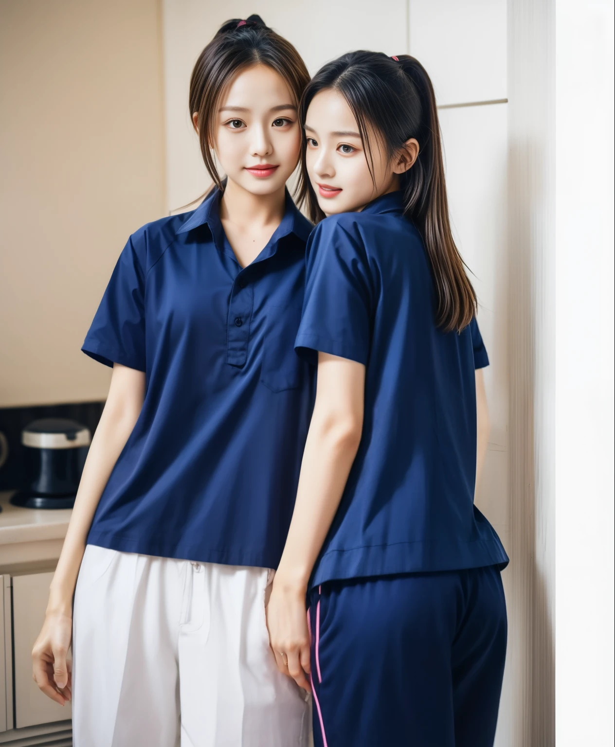 (best quality,10,10,height,Masterpiece:1.2),Special details,(realistic,Realistic picture,Realistic photos:1.37),1 Cute girl in the kitchen,shiny, skin shiny,only,smile softly,BDclothelue shirt:1.3)),short sleeve,shirt, Long pants.,(navy_long_track pants:1.1), ((Kitchen Background)),Dynamic angle,excited,Face focus,dynamic poses,from behind,focus on ass,Masterpiece, best quality, ultra realistic, hyper detail, 8k resolution, raw photos, Sharp focus, ((Navy blue shirt:1.1)), short sleeve, long route, perfect body, 2 mature women, 18 years old, Cinema-grade lighting system,blue sweatpants,exercise cloth,correct anatomy,perfect body, correct body, Sharp face, Correct body anatomical, full body, realistic gestures, long-haired, realistic poses,Wear long shorts...........................,The legs are long.,Good shape,carved girl, Slender figure, model, Good shape, beautiful body,blue sweatpants, two girls kissing