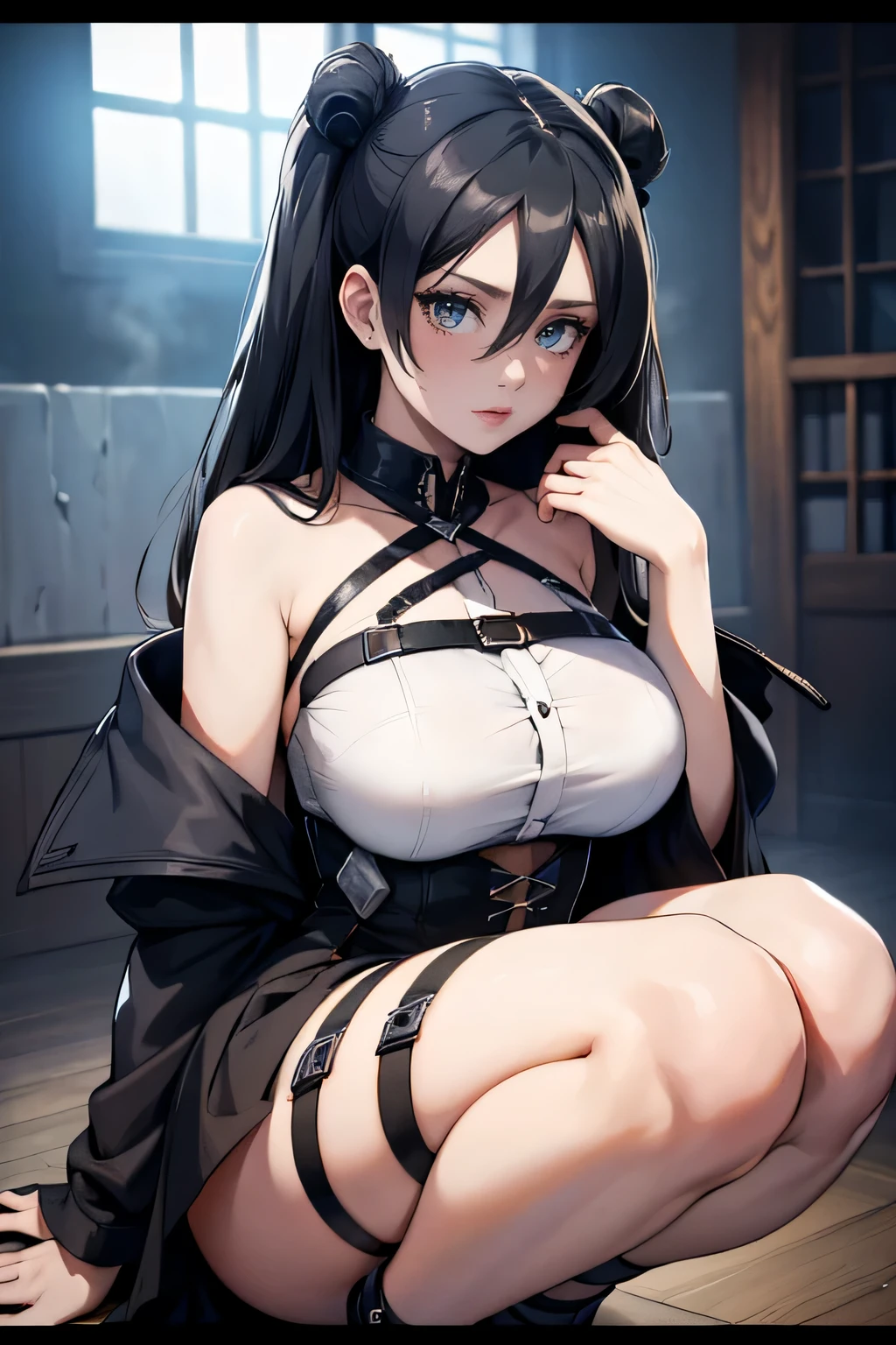 Anime girl in a black and white dress sitting on the ground, Shitao's anime drawing, pixiv, gothic art, seductive anime girl, gasped, beautiful anime girl squatting, of the girls on the front line, anime girl squats, гладкое аниме cg art, Lazurny Lane style, gothic maiden anime girl, silver eyes all over the body, mikasa ackerman, Attack on Titan