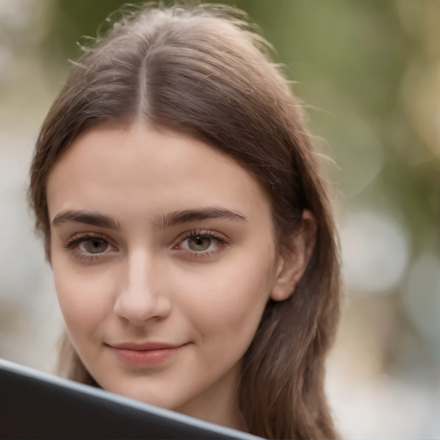 Aerial close up photography of a young French student girl, 17 years old. She is using a tablet, but is turning her face to the observer, Looking at the observer as she smiles. Focus on the girl.  Tungsten lighting. Portrait, aerial-view, 50mm lenses. Medium depth of field. 