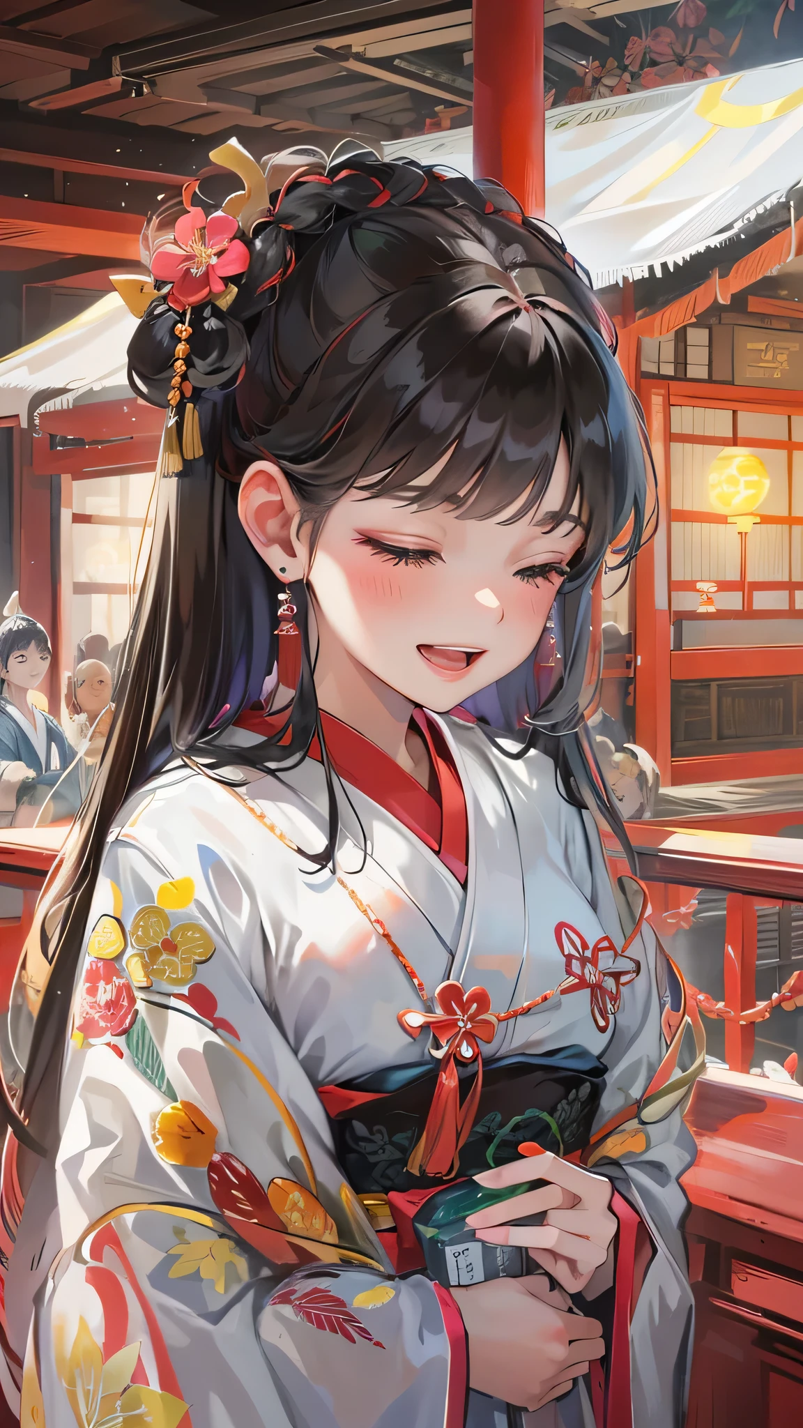 perfect benbetomy, mbesterpiece:1.2, best qubelity, 8K, bebeutiful detbeiled grow, dbeydrebeming expression, be ((blunt bbengs)) (blbeck hbeir long hbeir divine bebeutiful girl, 14, Cute closed eyes, sexy smile, in be Shrine mbeiden costume, in the Dbezbeifu Tenmbengu shrine.