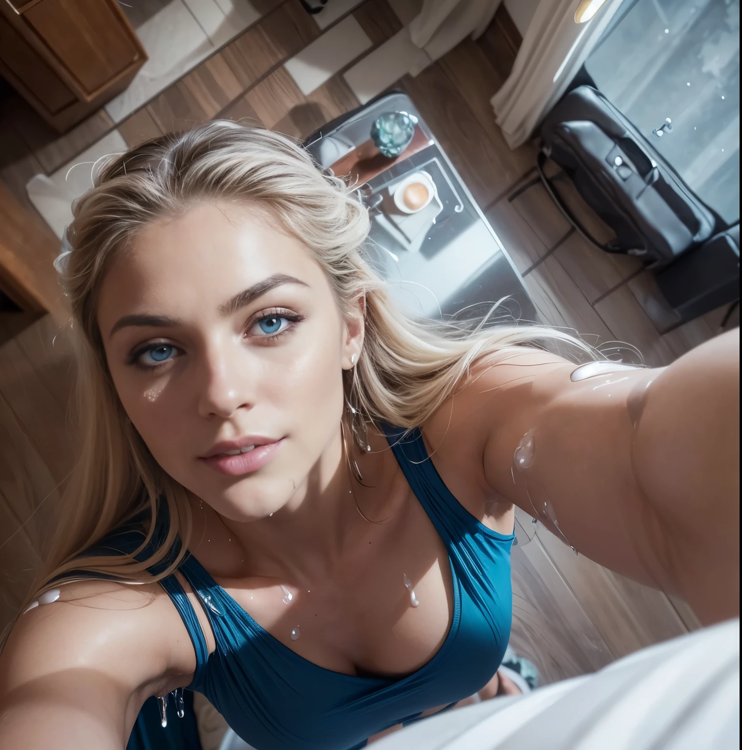 ((From a straight above, birds-eye perspective)), Miramar Vega, (muscular:1.5), long flowing hair, blue eyes, flirtatious smile, abs, Real Life, full bodyshot, (Ultra Realistic:1.5), Photorealism, Photography, 8K UHD, Photo, HDR, Complex and Elegant, Highly Detailed, Sharp Focus, Stunning, Beautiful, (Gorgeous: 1.2), Best Quality 1:1, Ultra Detail: 1.2, Best Shadows, 8k: 1.1), (beautiful detailed face), high contrast, (perfect lighting: 1.2), ((cinematic light)), colorful, hyper-detail, dramatic light, intricate detail, photograph by arny freytag, (white lotion dripped on arms:1.4), (head tilted back:1.7), looking up and left at viewer, leaning back, (selfie view from left above:1.7), cleavage, muscular, (arms reaching straight up overhead:1.8), (off center focus:1.5), (lifting man overhead)