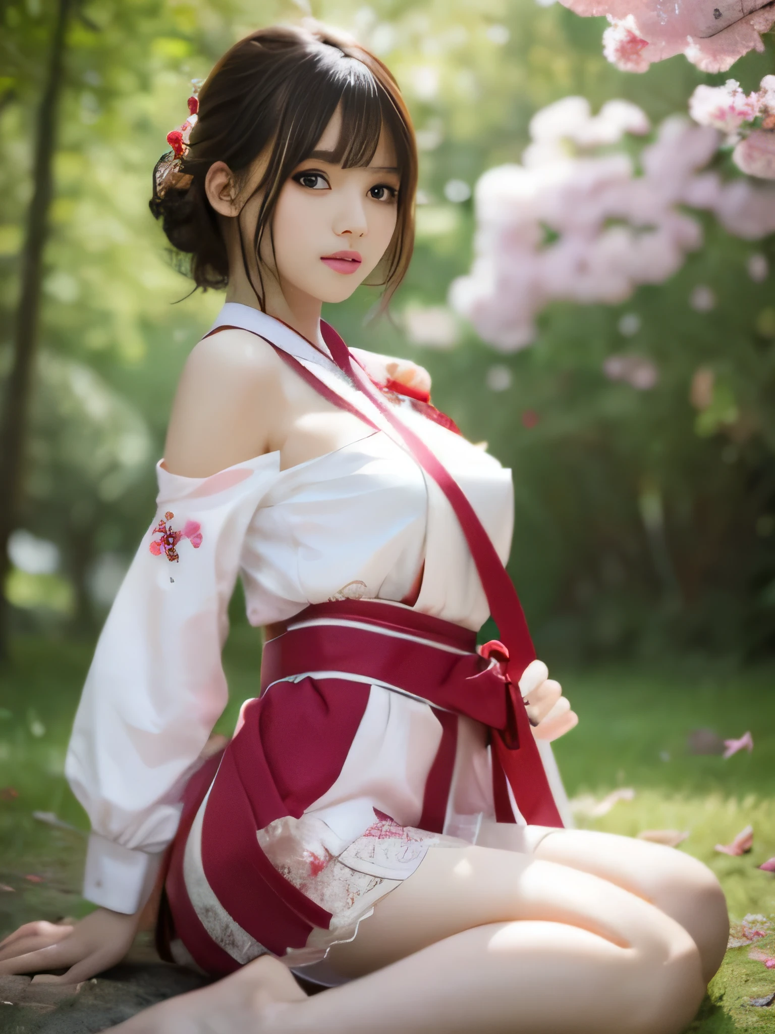 Japan Idol Girl　Mature Woman　Wavy brunette hair with bangs　(Bright red rouge lips)　Big Breasts　Plump　Moderately sized buttocks　((Rimless Glasses))　　Big eyes　SakuraFubuki　((Nice, Super shiny white long skirt cheongsam))　((Knee-high boots)) garter belt　8k　Realistic　((Cherry tree in full bloom))　(A large amount of cherry blossom petals fall)　((Sunrise at dawn))　((sit with your back to the camera))　((Back view of a person sitting upright))　((Turn around and make eye contact))　((Sit with your butt sticking out))