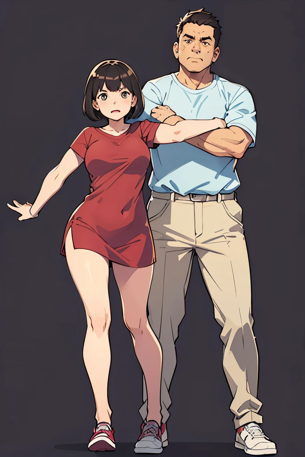 Middle-aged man and woman with arms akimbo，whole body，stand，blank background